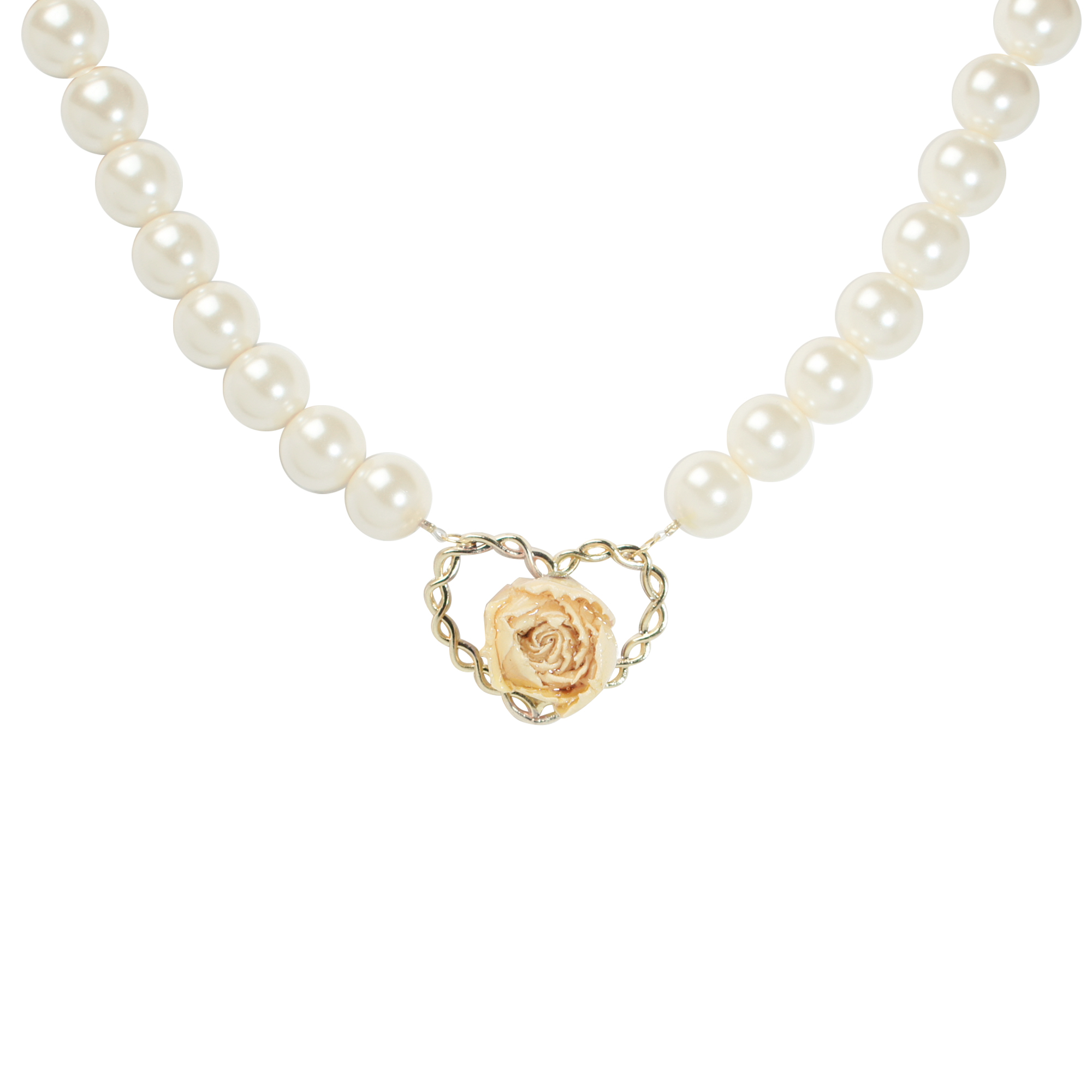 *REAL FLOWER* Rosa Blanca Pearl Necklace with Rosebud Pendant on Golden Rope Heart