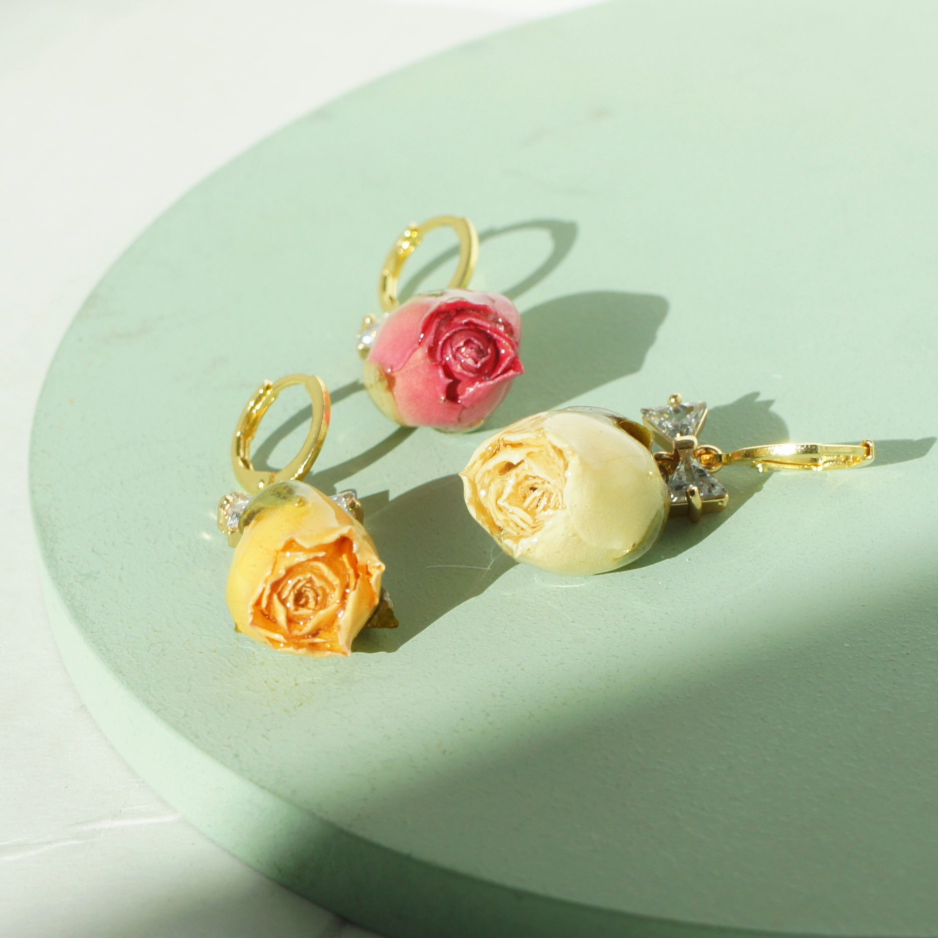 *REAL FLOWER* Rosa Brillante Rosebud and Crystal Bow Huggie Earrings