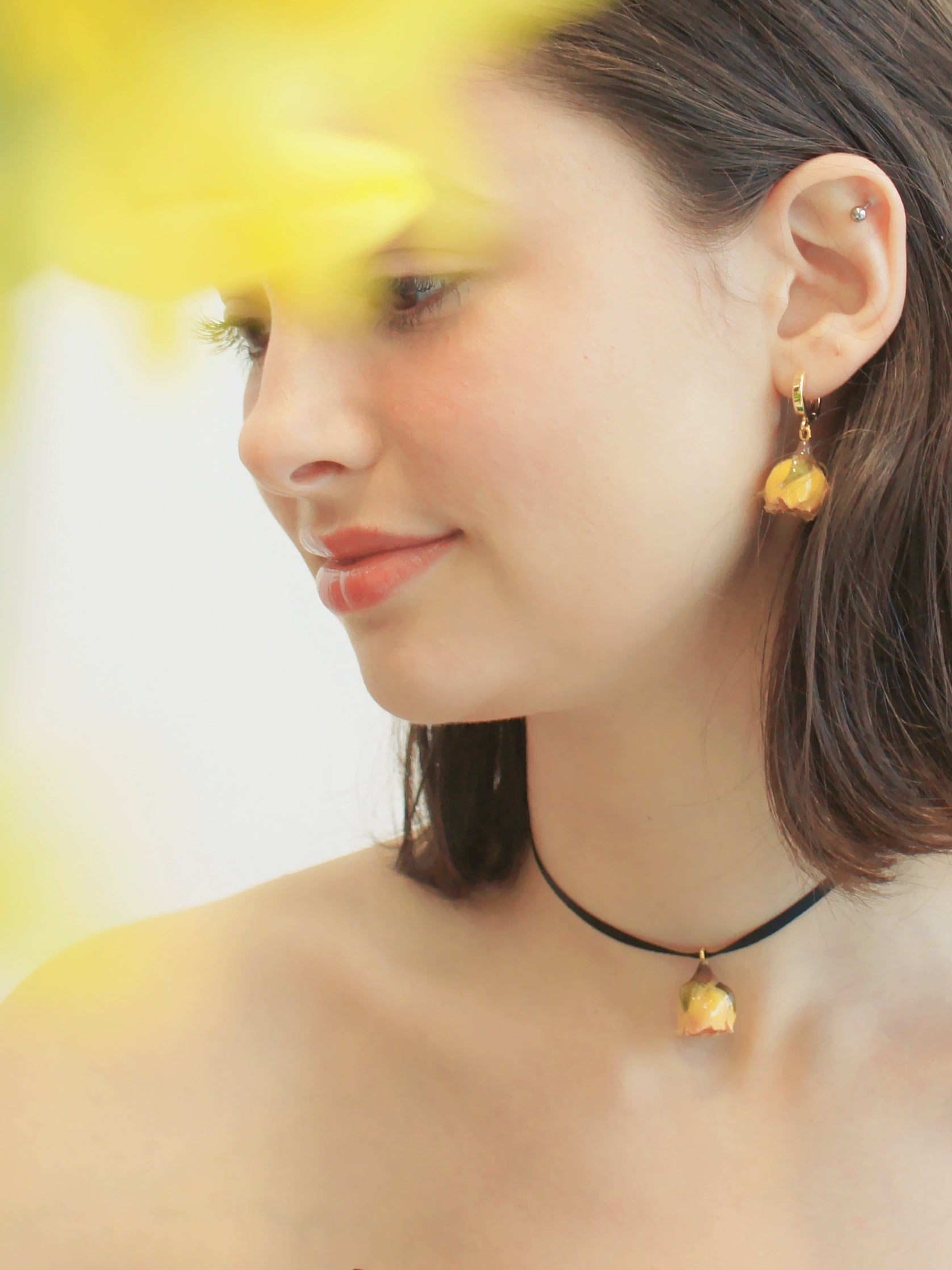 *REAL FLOWER* Rosa Korresia Yellow Rosebud and Crystal Drop Huggie Hoop Earrings