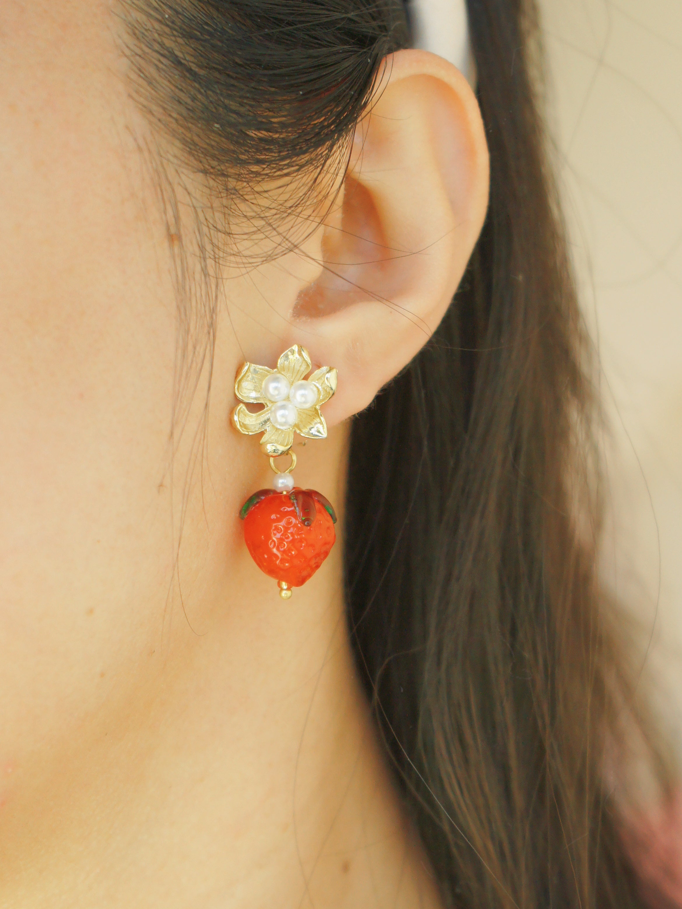 Strawberry and Golden Flower Clip-on Earrings