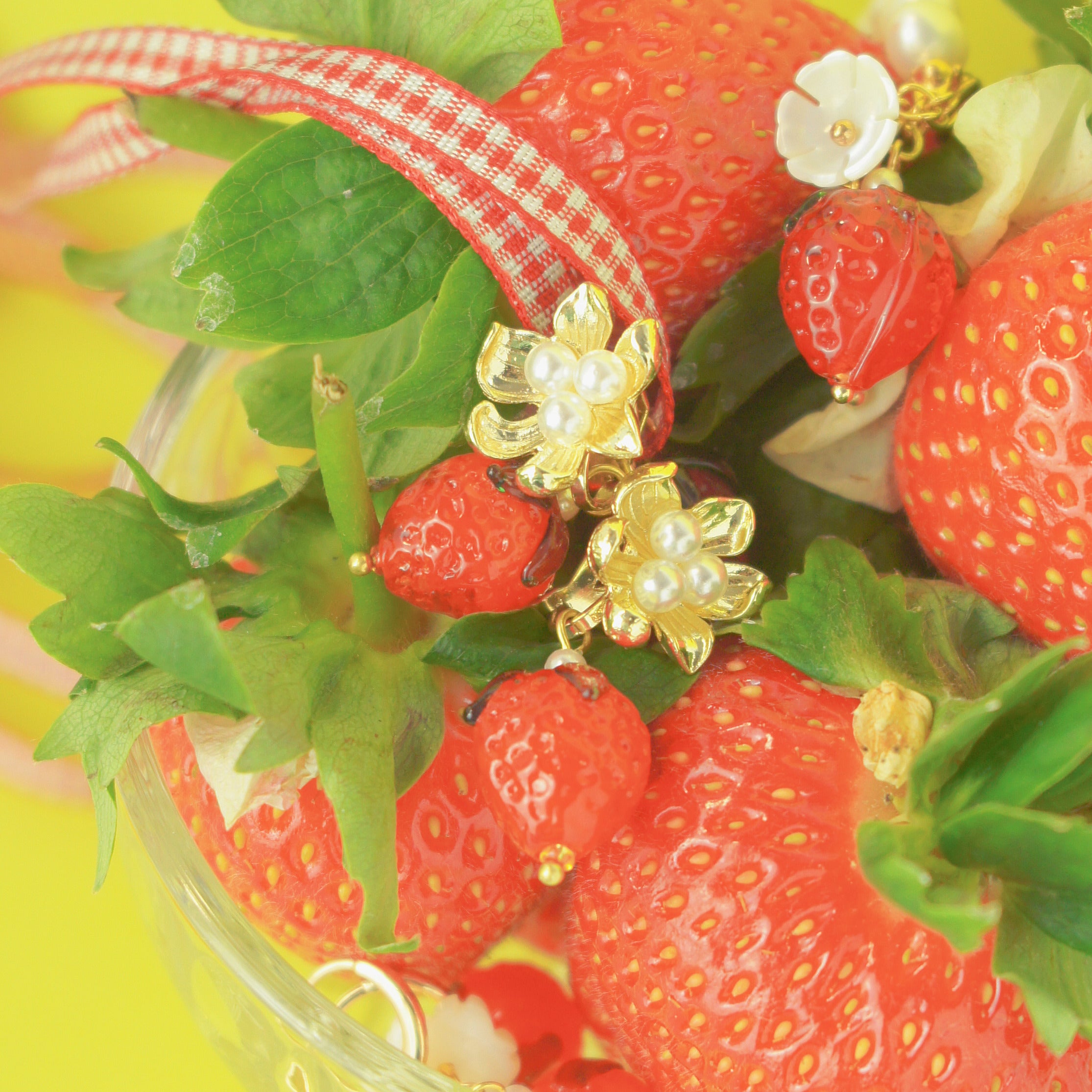 Strawberry and Golden Flower Clip-on Earrings