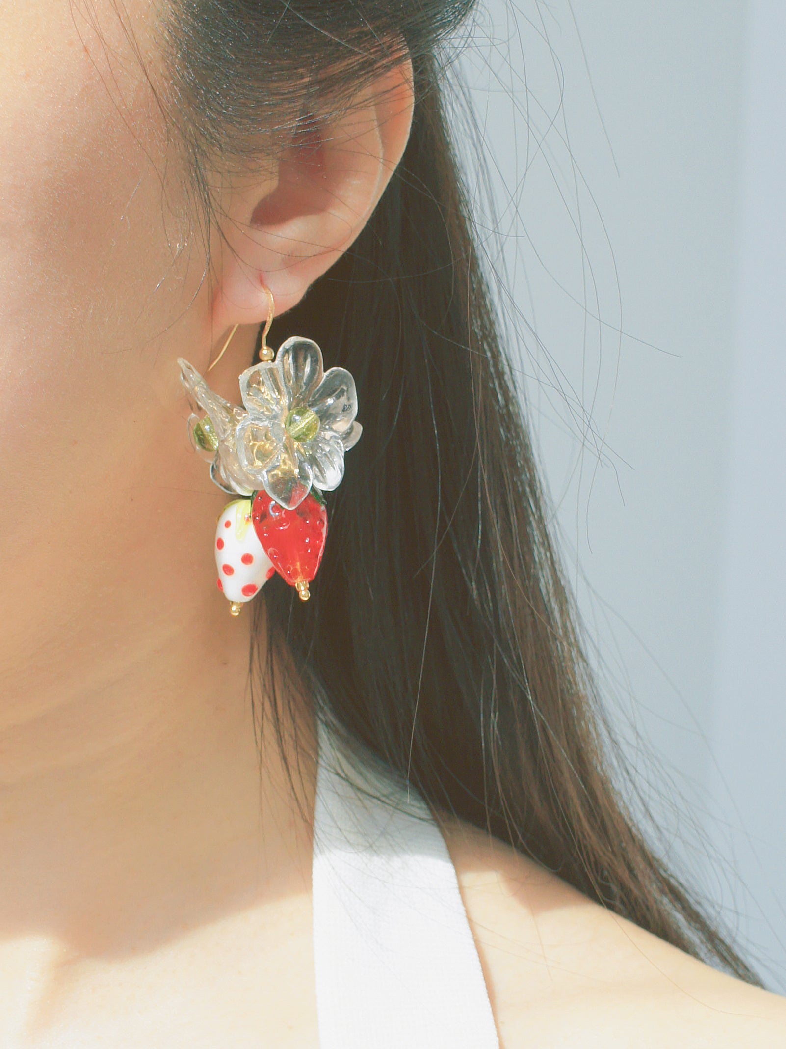 Strawberry Fields Statement Earrings with Lampwork Glass Strawberry and Clear Flowers