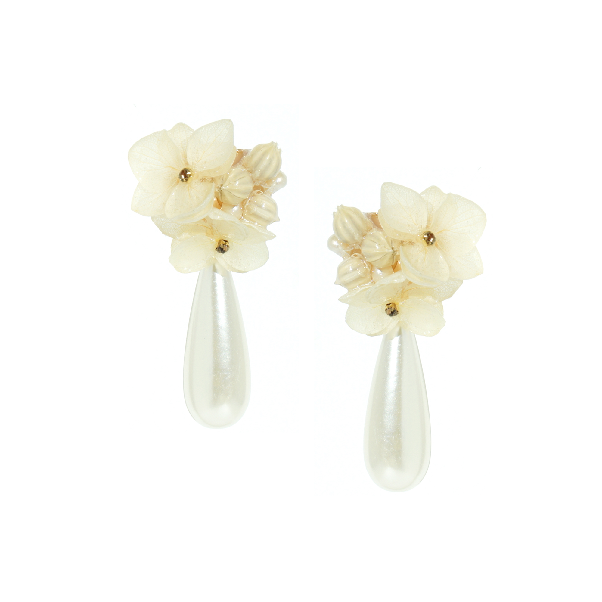 *REAL FLOWER* Verena Hydrangea Flower and Teardrop Pearl Earrings