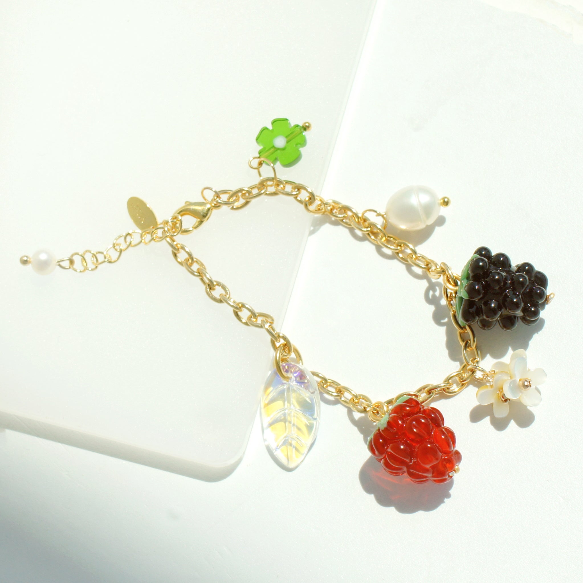 Very Berry Lampwork Glass Berry Bracelet with Mother of Pearl Flowers and Freshwater Pearl