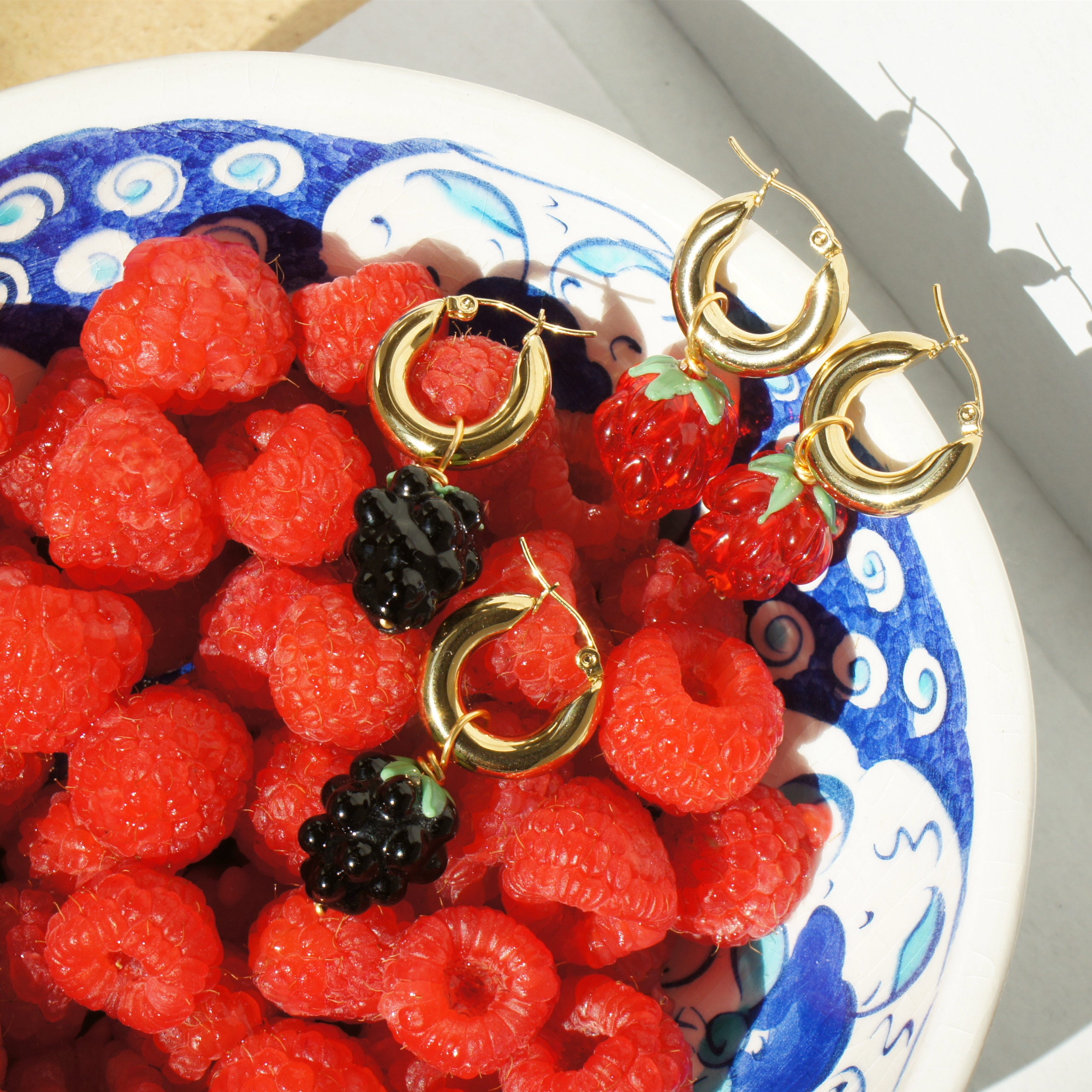 Very Berry Chunky Golden Hoop Earrings With Lampwork Glass Berries