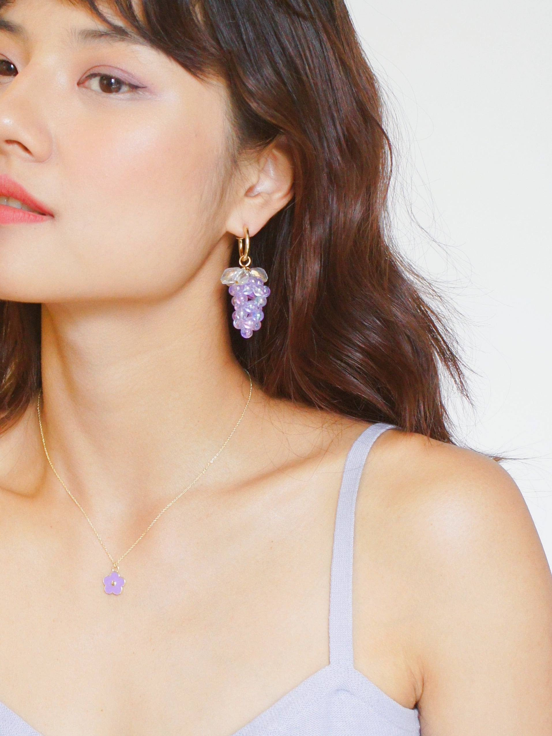 Very Grapeful Detachable Faceted Grape Drop Earrings with Iridescent Leaves