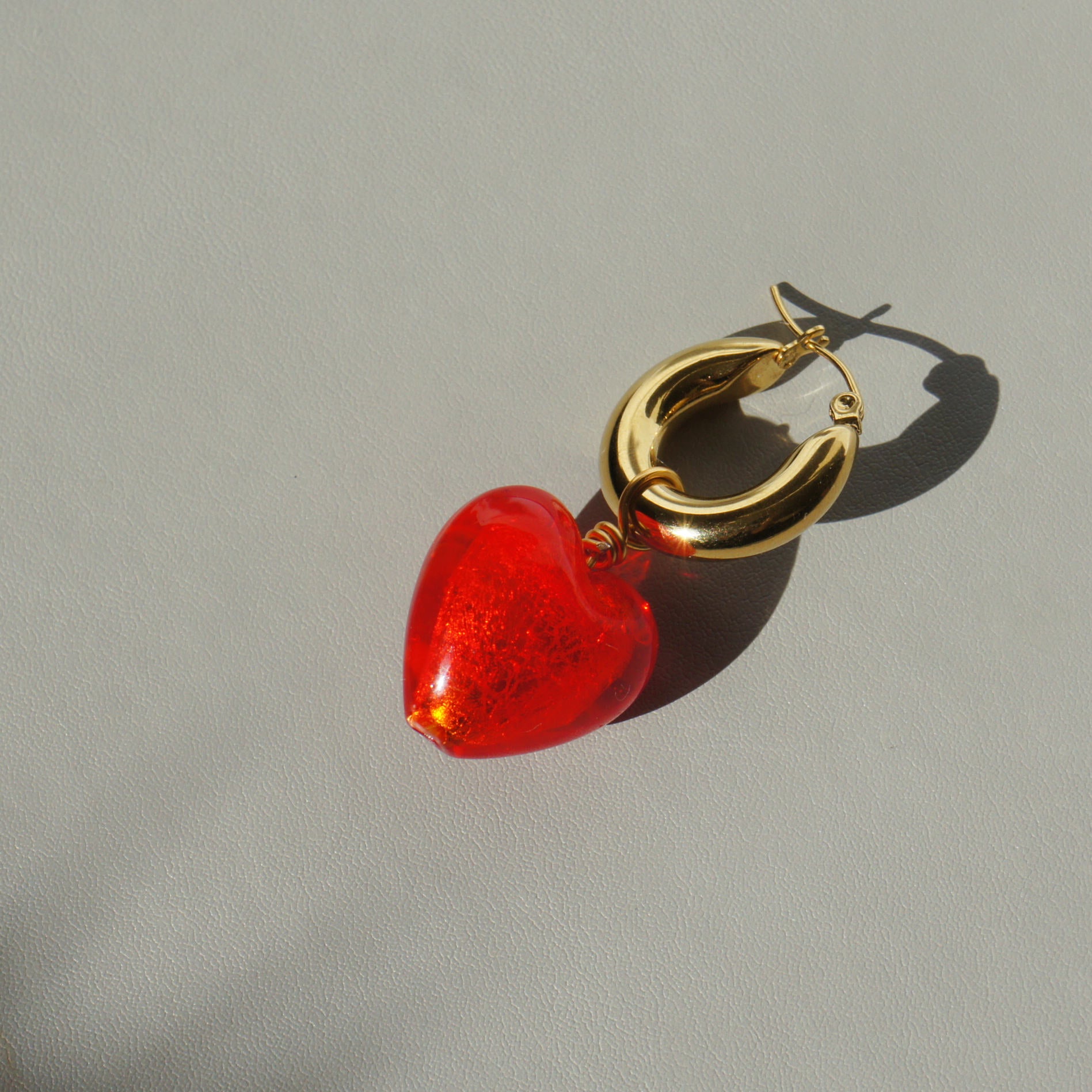 Whisper of Heart Chunky Golden Hoop Earrings with Detachable Lampwork Heart Charm