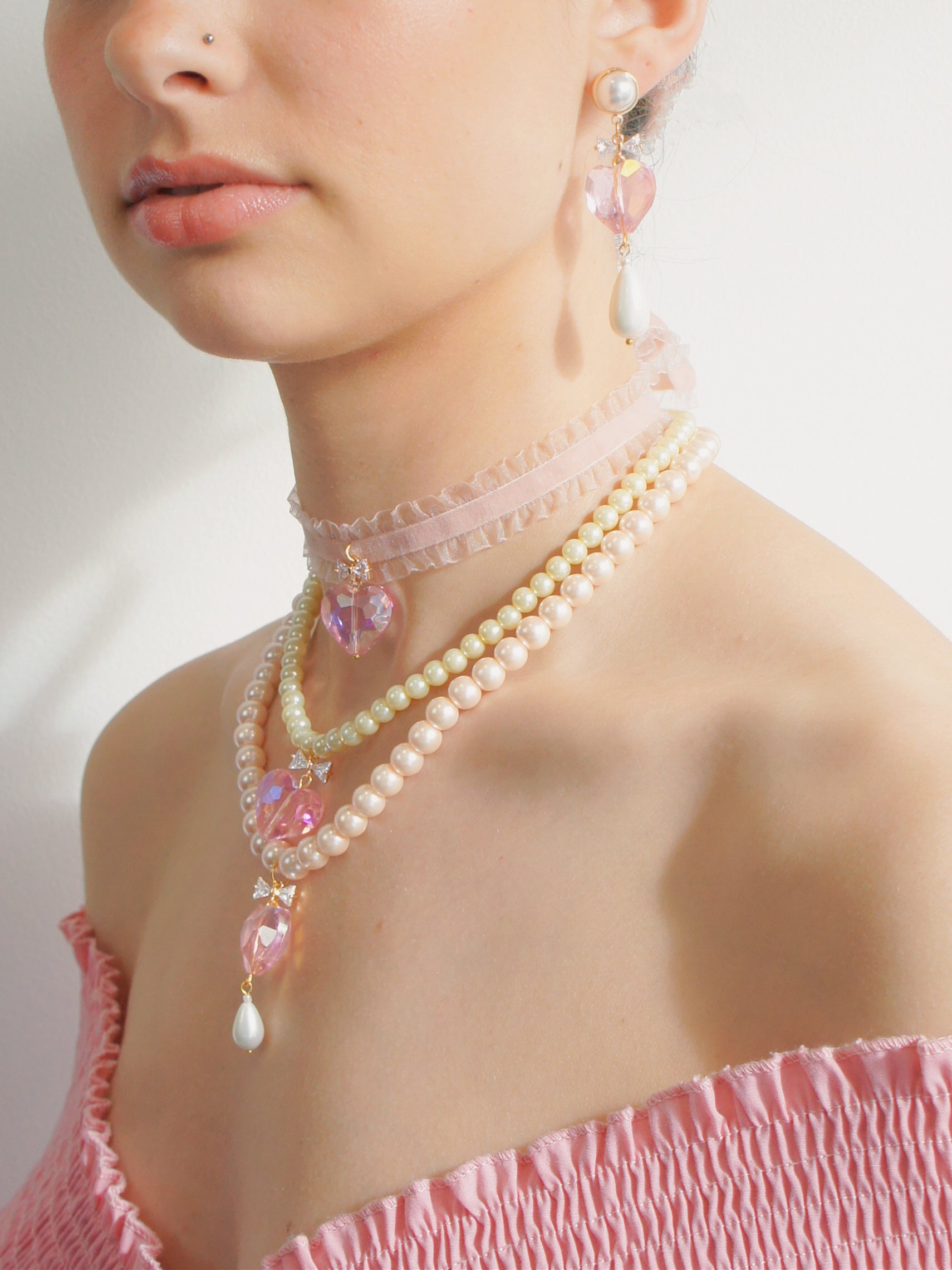 Whisper of Heart Pink Faux Pearl Necklace with Crystal Bow and Faceted Heart Pendant