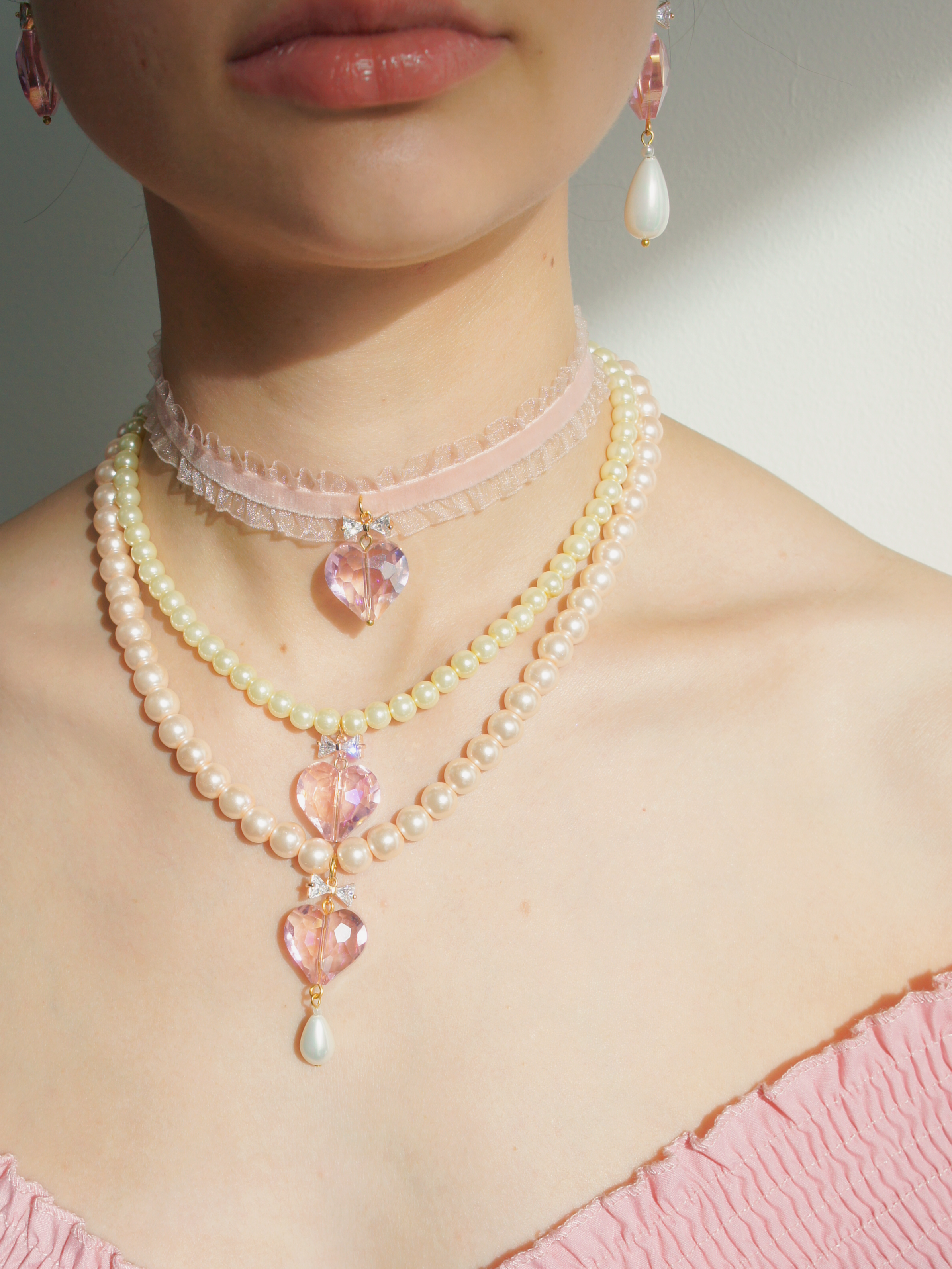 Whisper of Heart Crystal Bow, Faceted Heart Velvet Tulle Ribbon Choker