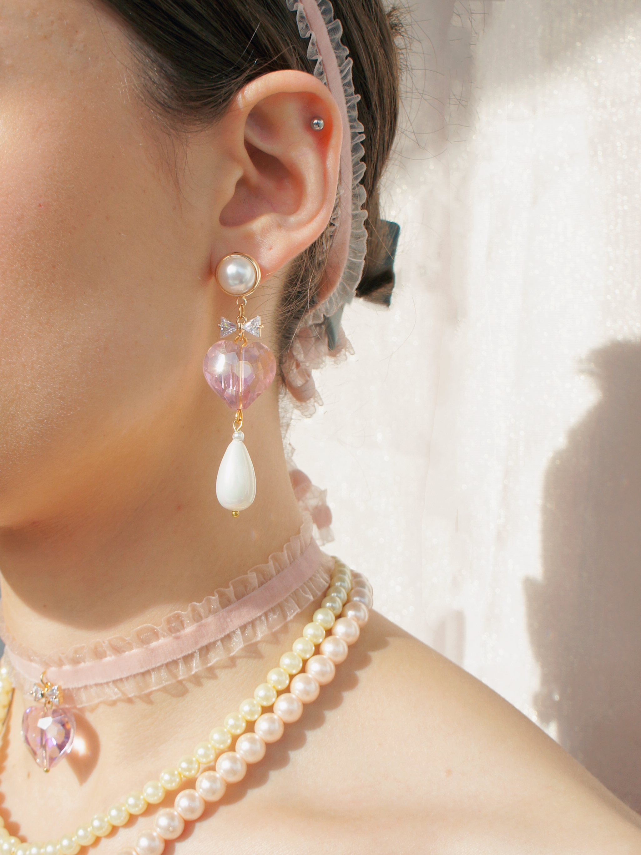 Whisper of Heart Crystal Bow, Faceted Heart and Pearl Drop Earrings