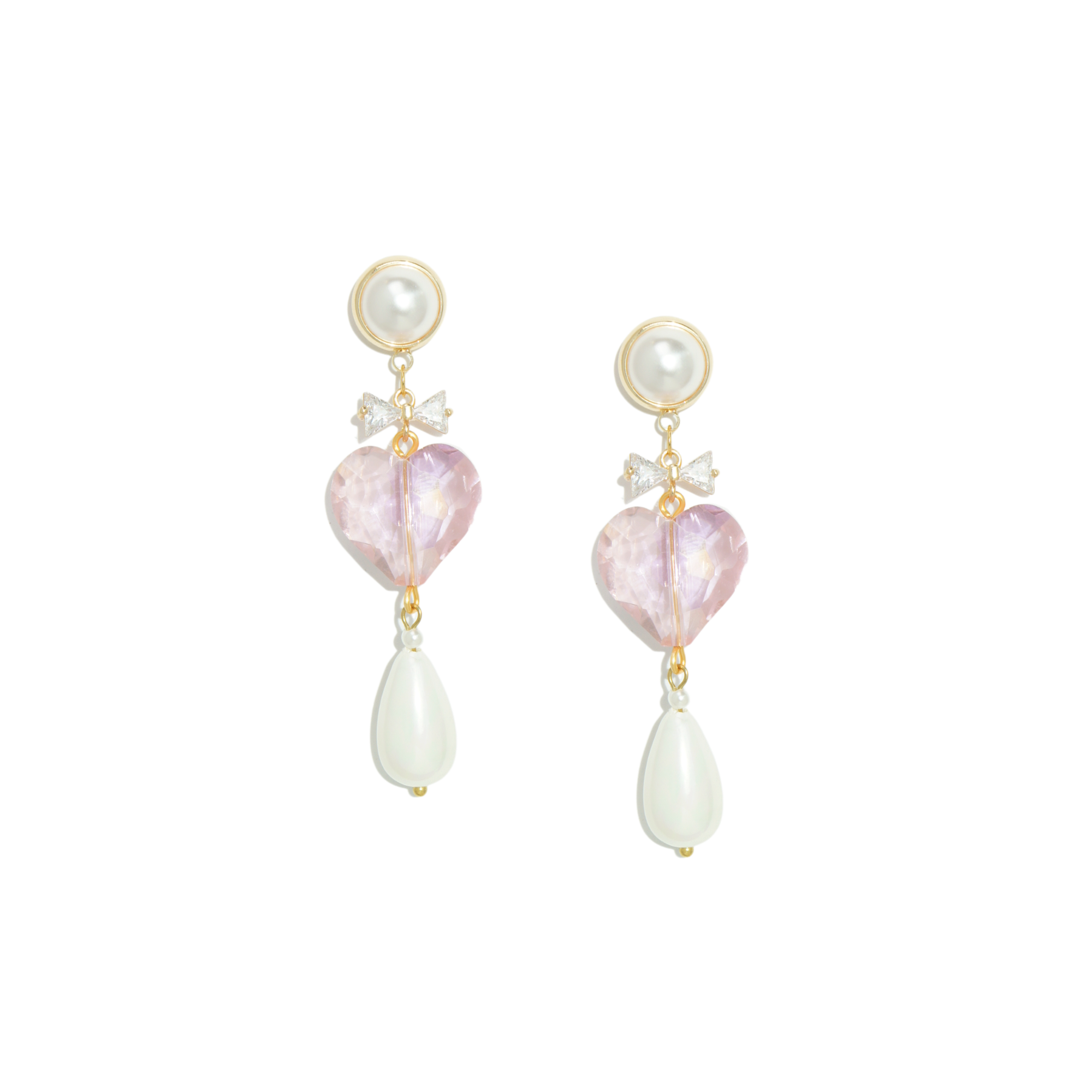 Whisper of Heart Crystal Bow, Faceted Heart and Pearl Drop Earrings