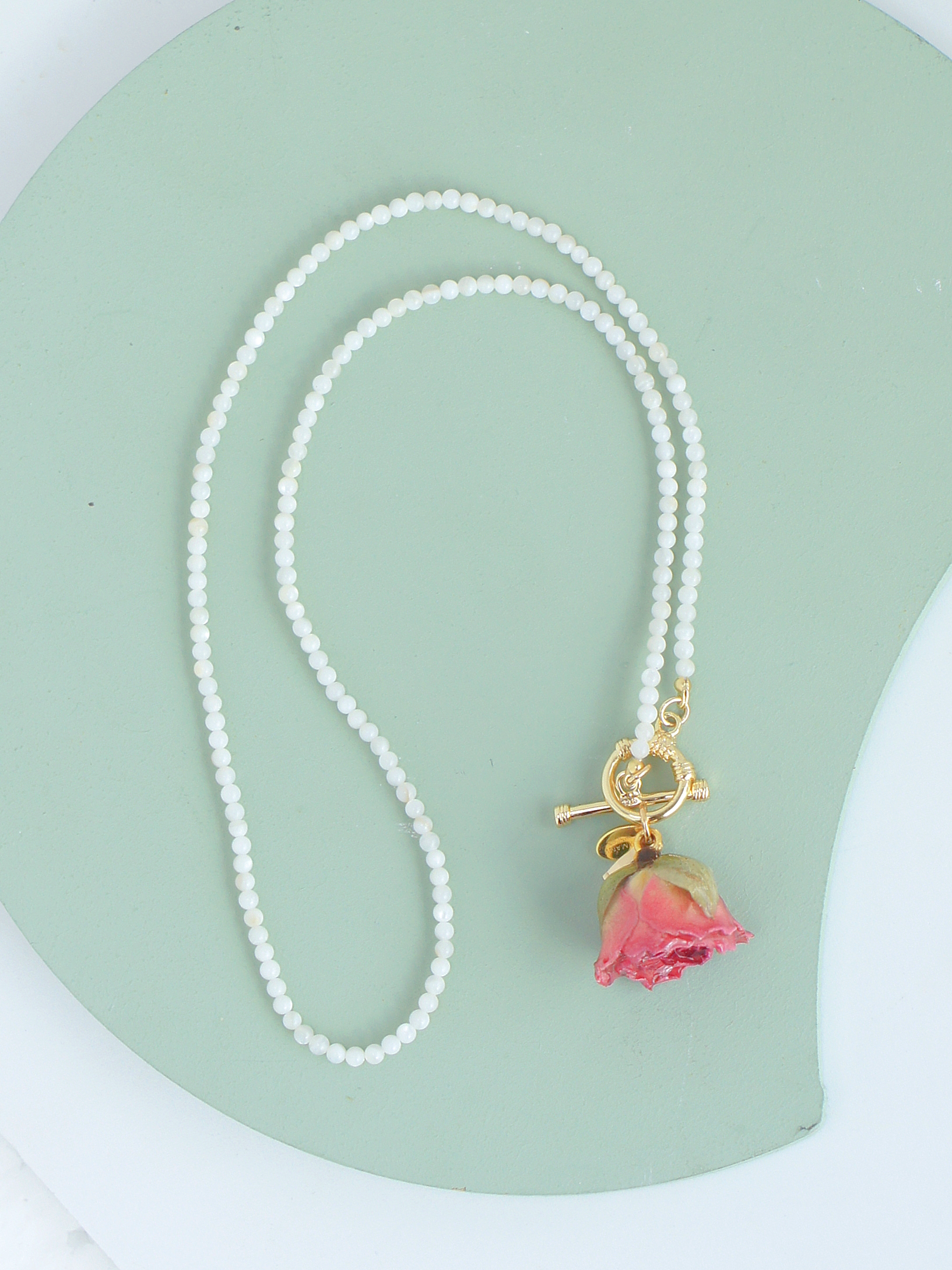 *REAL FLOWER* Bella Rosa Mother of Pearl Necklace with Pink Rosebud and Green Crystal