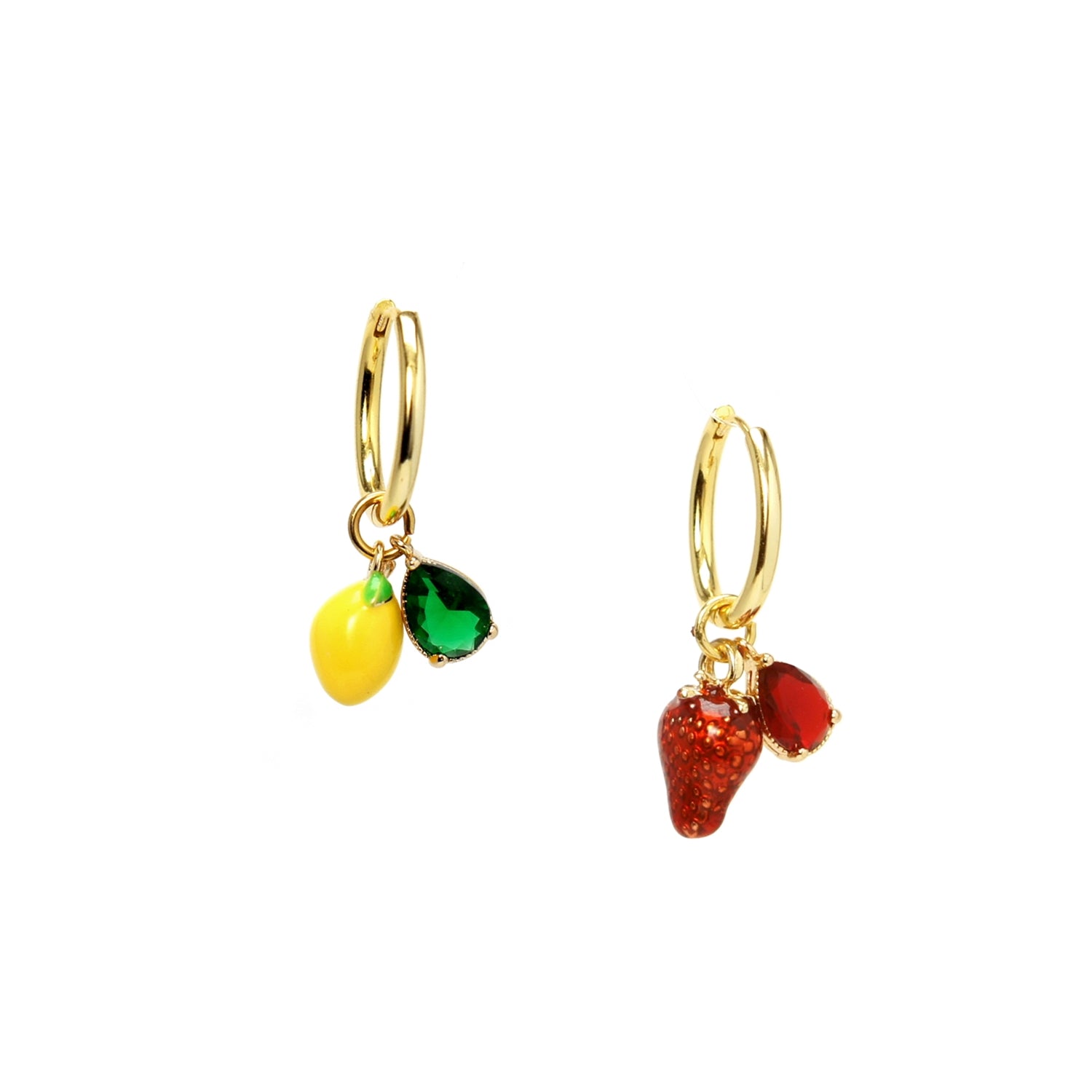 Fruity Enamel and Crystal Drop Hoop Earrings, Lemon/Strawberry