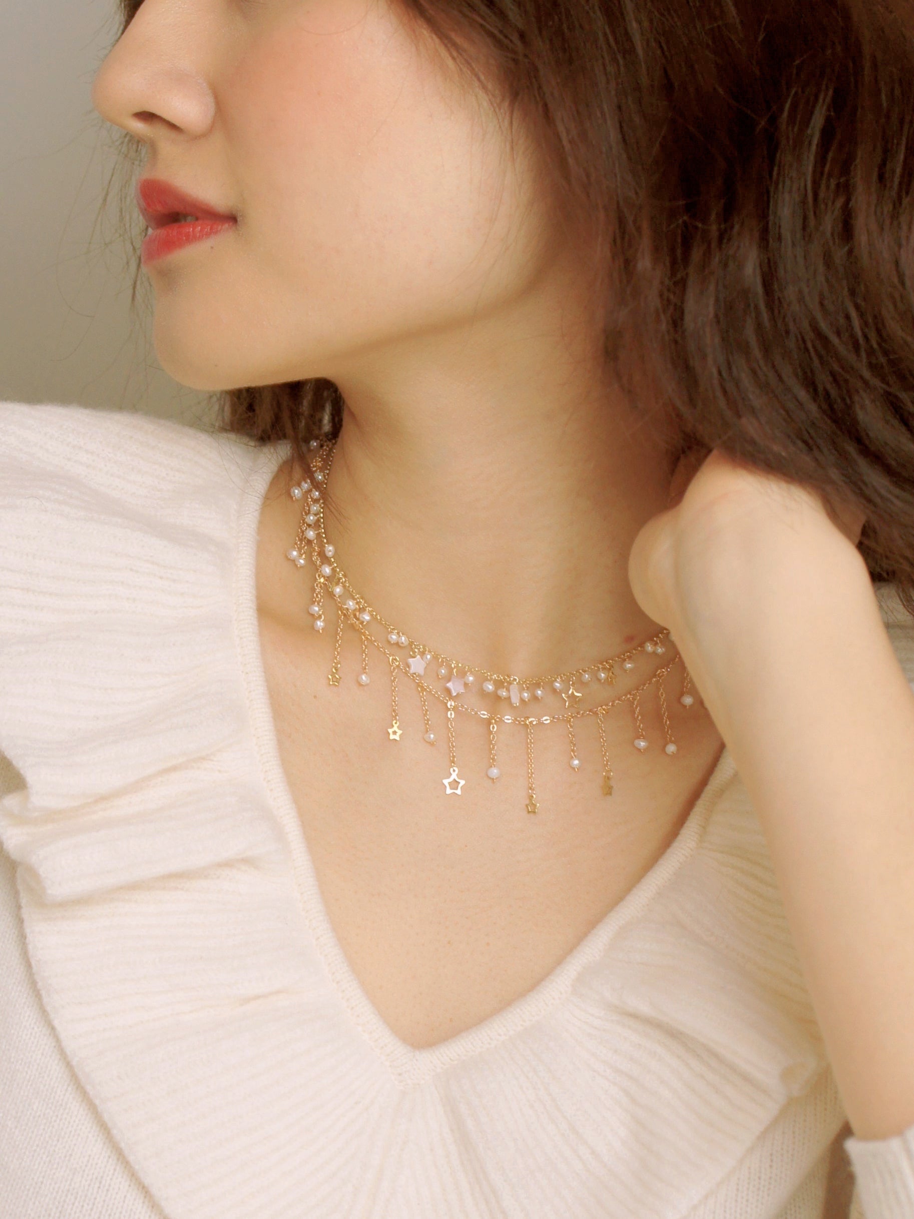 Starlight Chain Choker Necklace with Freshwater Pearl and Mother of Pearl Stars