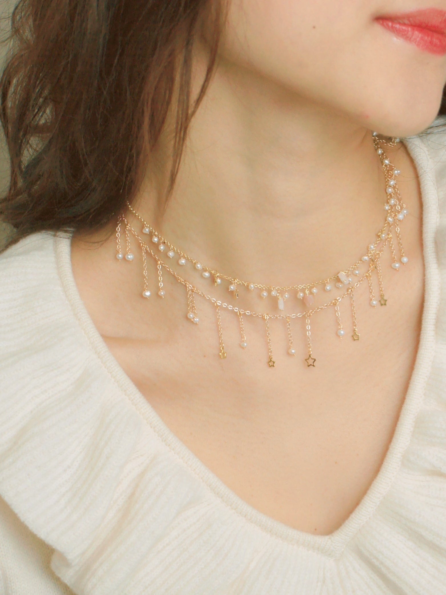 Starlight Chain Choker Necklace with Freshwater Pearl and Mother of Pearl Stars