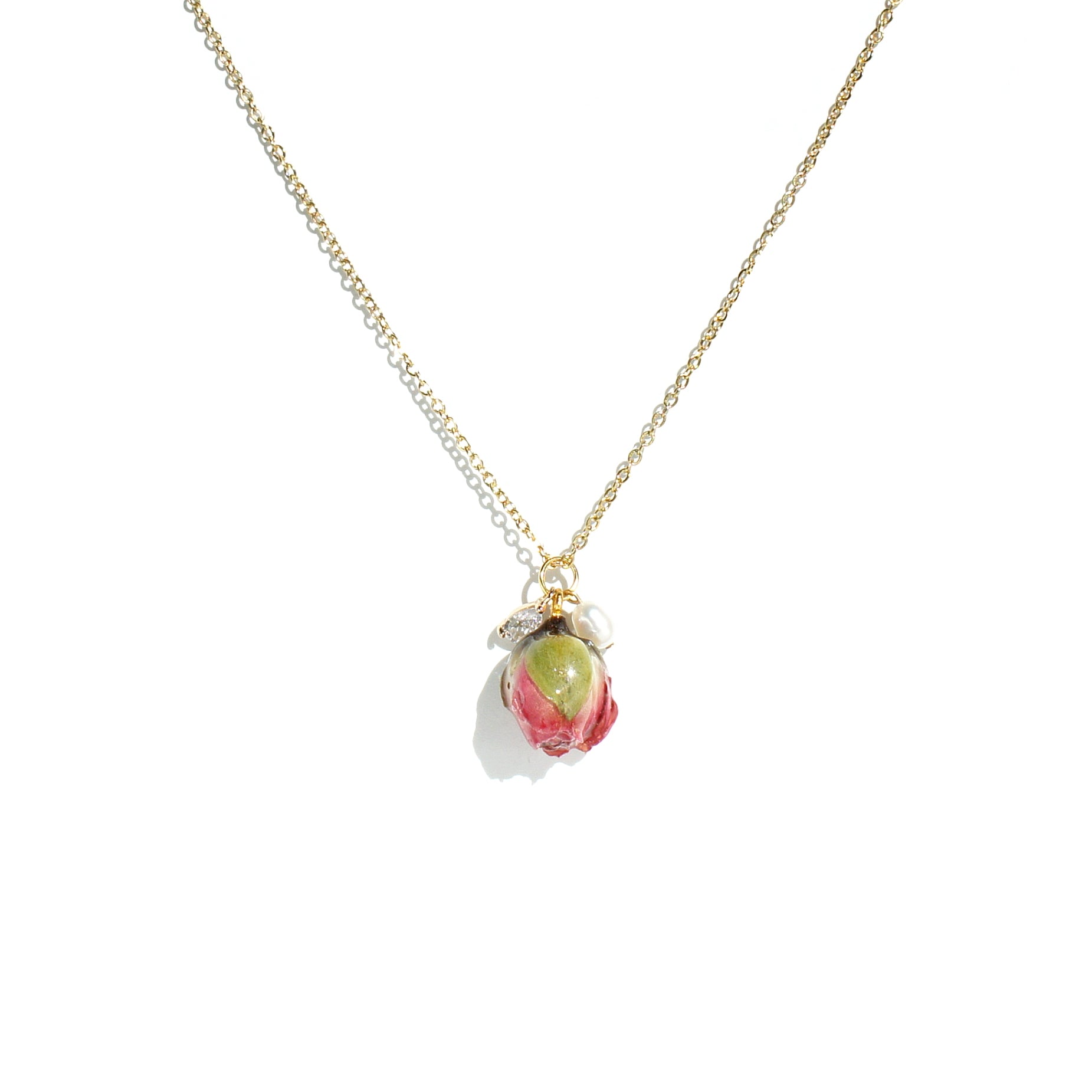 *REAL FLOWER* Ingrid Chain Necklace with Rosebud, Crystal and Pearl Pendants