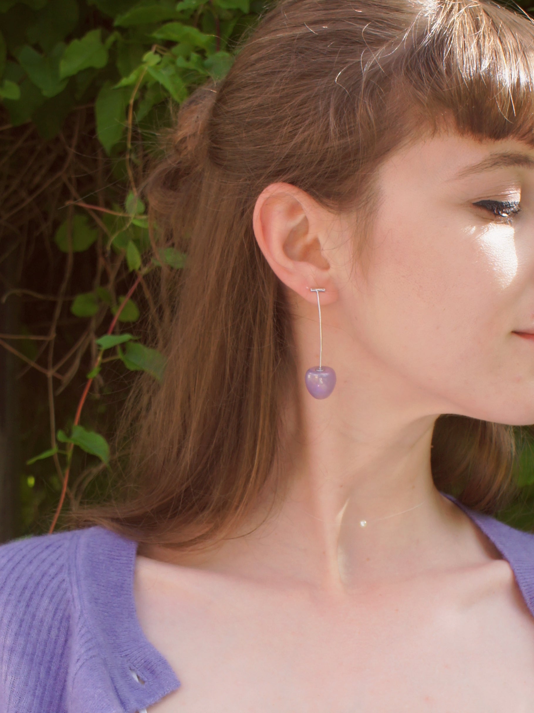 Iridescent Cherry Drop Earrings with Sterling Silver Stems