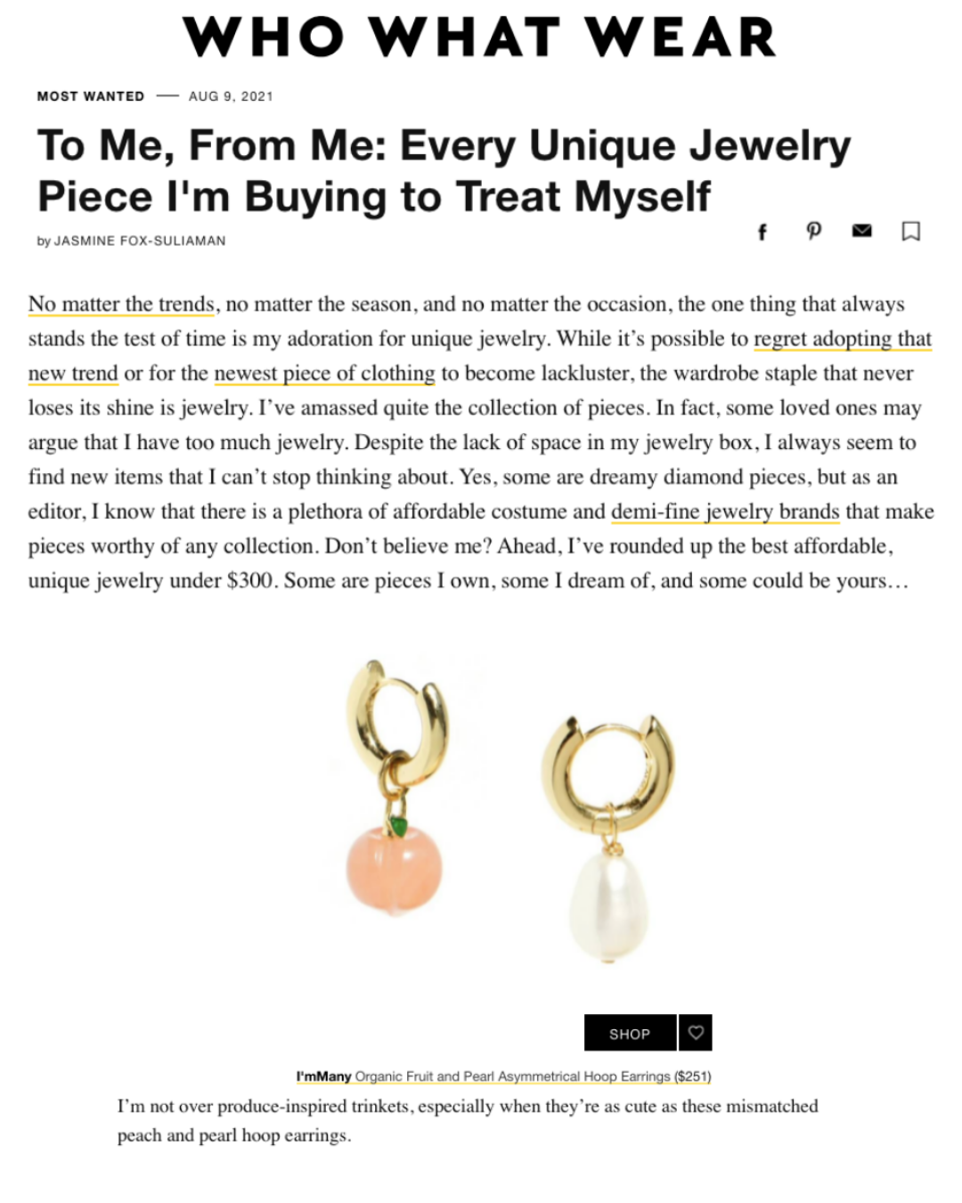 Organic Produce Fruit and Pearl Asymmetrical Hoop Earrings 18k