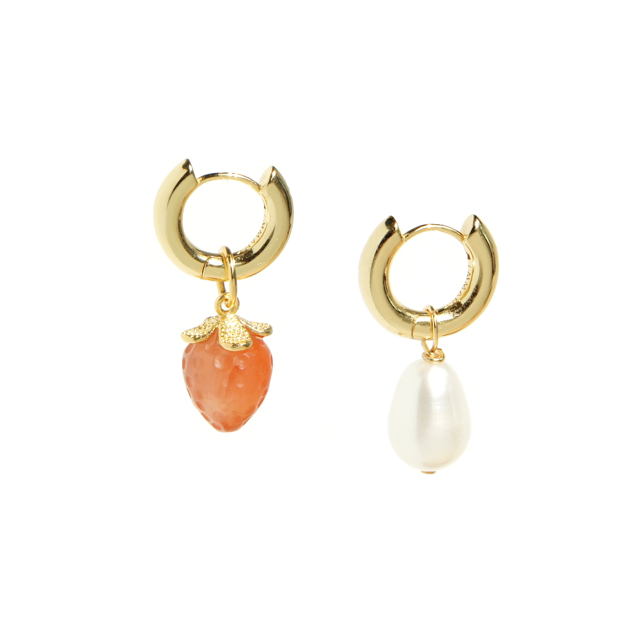 Organic Produce Fruit and Pearl Asymmetrical Hoop Earrings, 18k Gold Vermeil