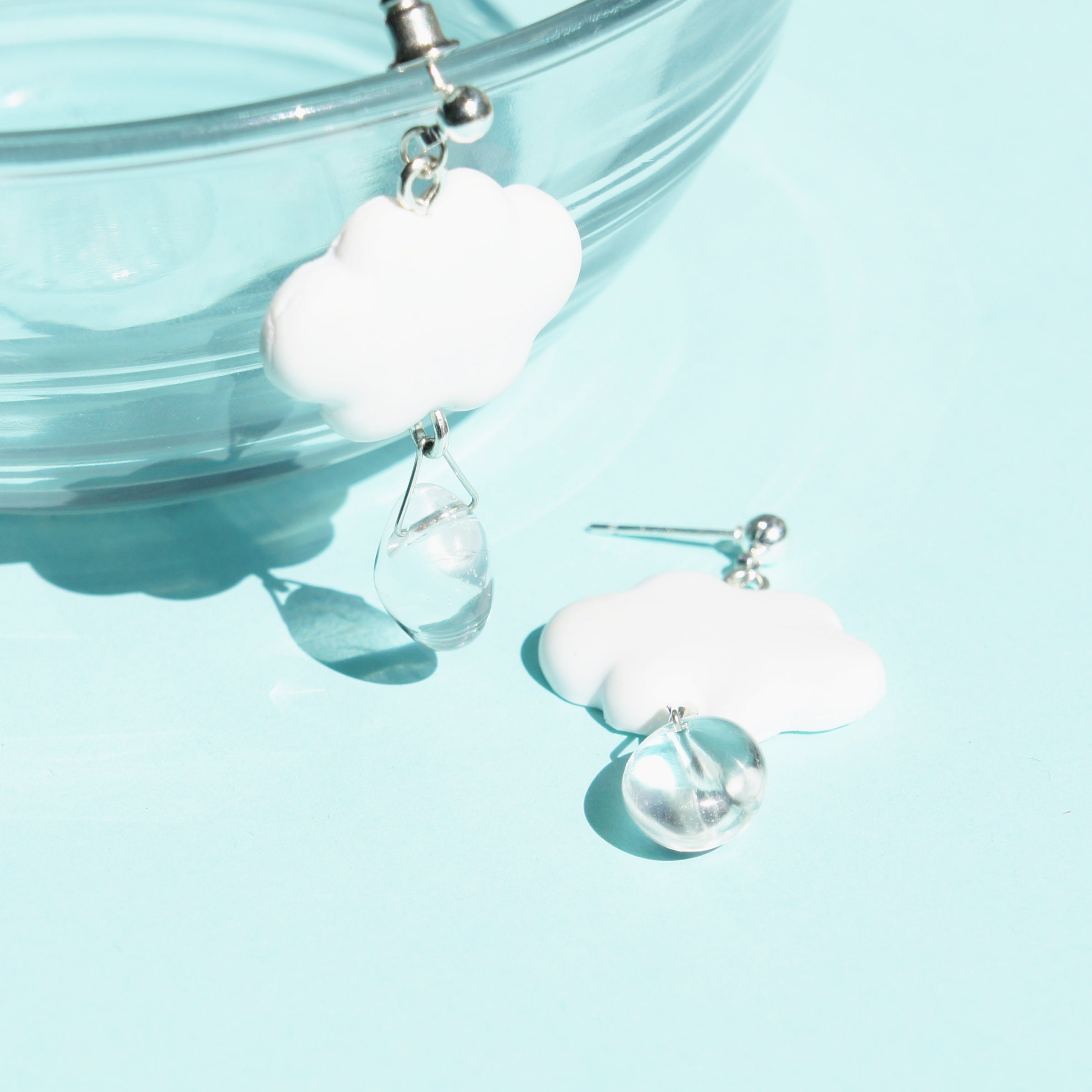 Cotton Candy Cloud Earrings w-Clear Quartz Rain Drop
