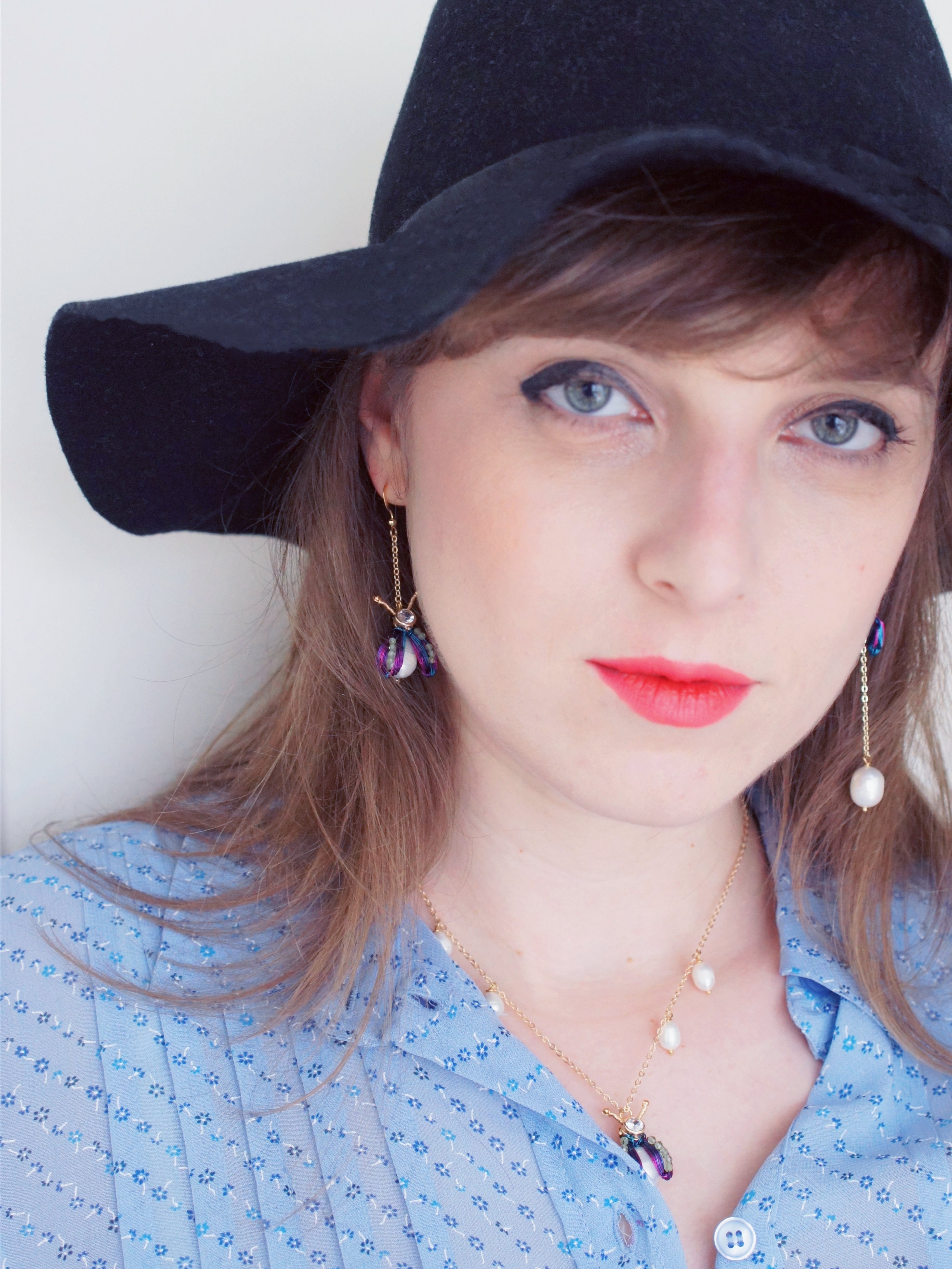 Freshwater Pearl Bug Asymmetrical Drop Earrings