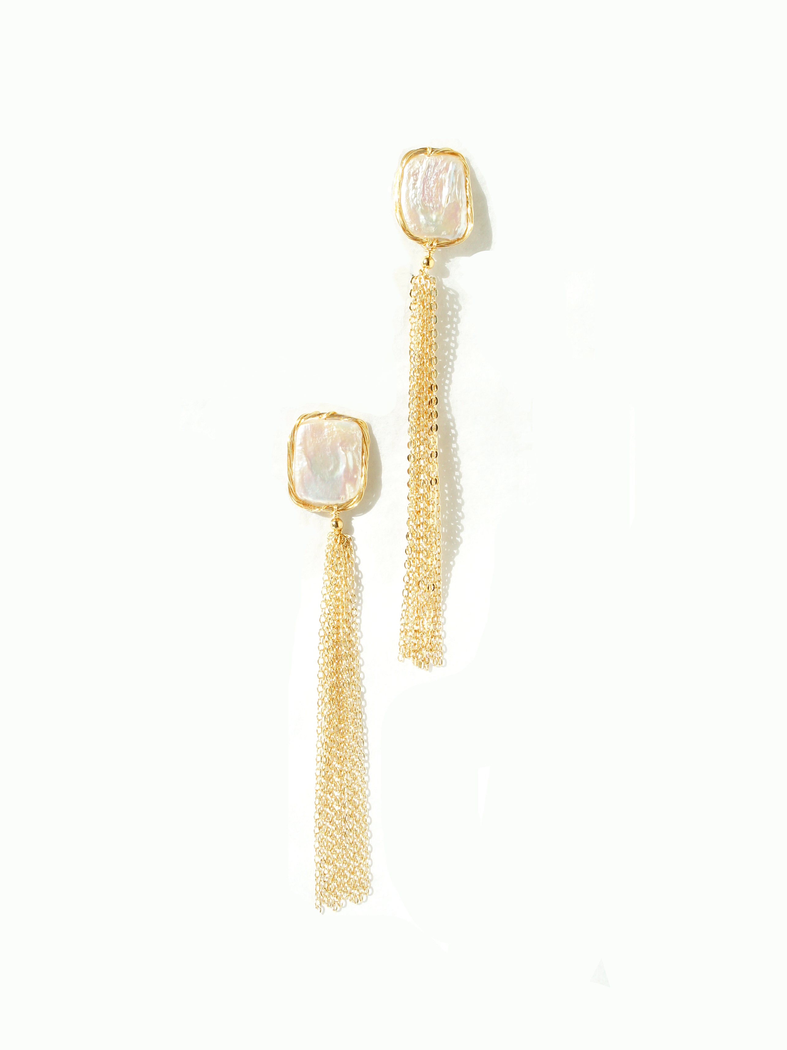 Golden Hour Rectangular Baroque Pearl Chain Tassel Drop Earrings