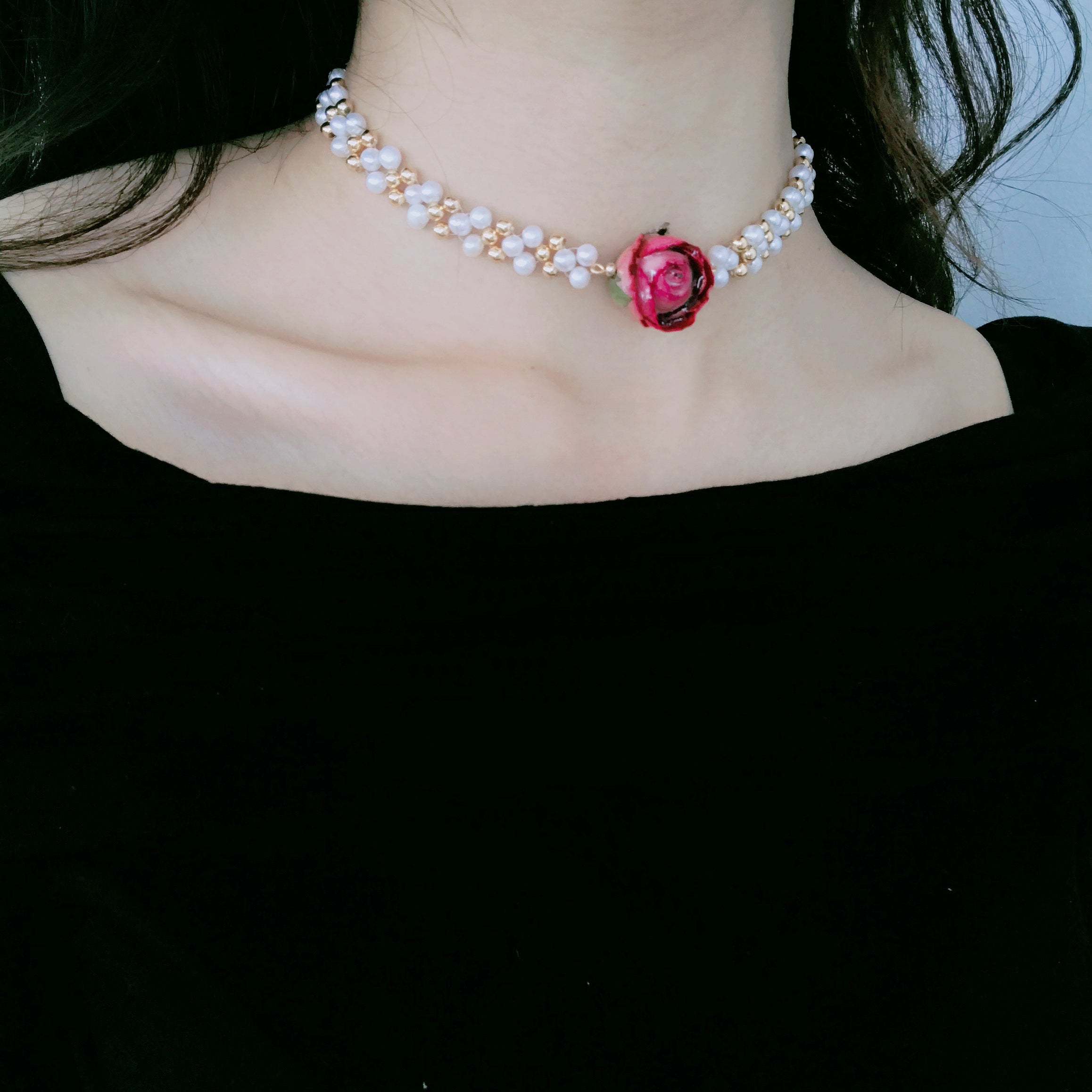 *REAL FLOWER* Bella Rosa Braided Freshwater Pearl Choker Necklace w/Pink Rose