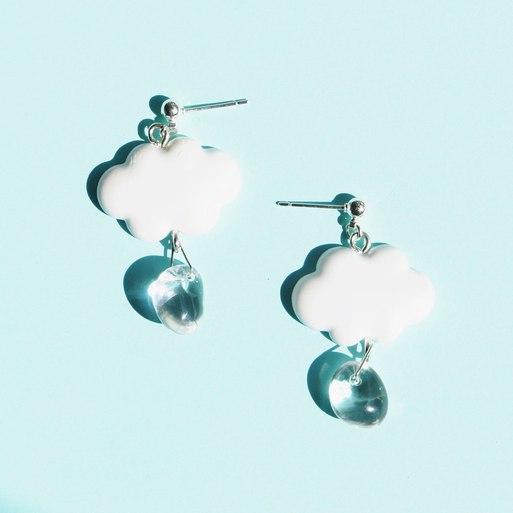Cotton Candy Cloud Earrings w-Clear Quartz Rain Drop