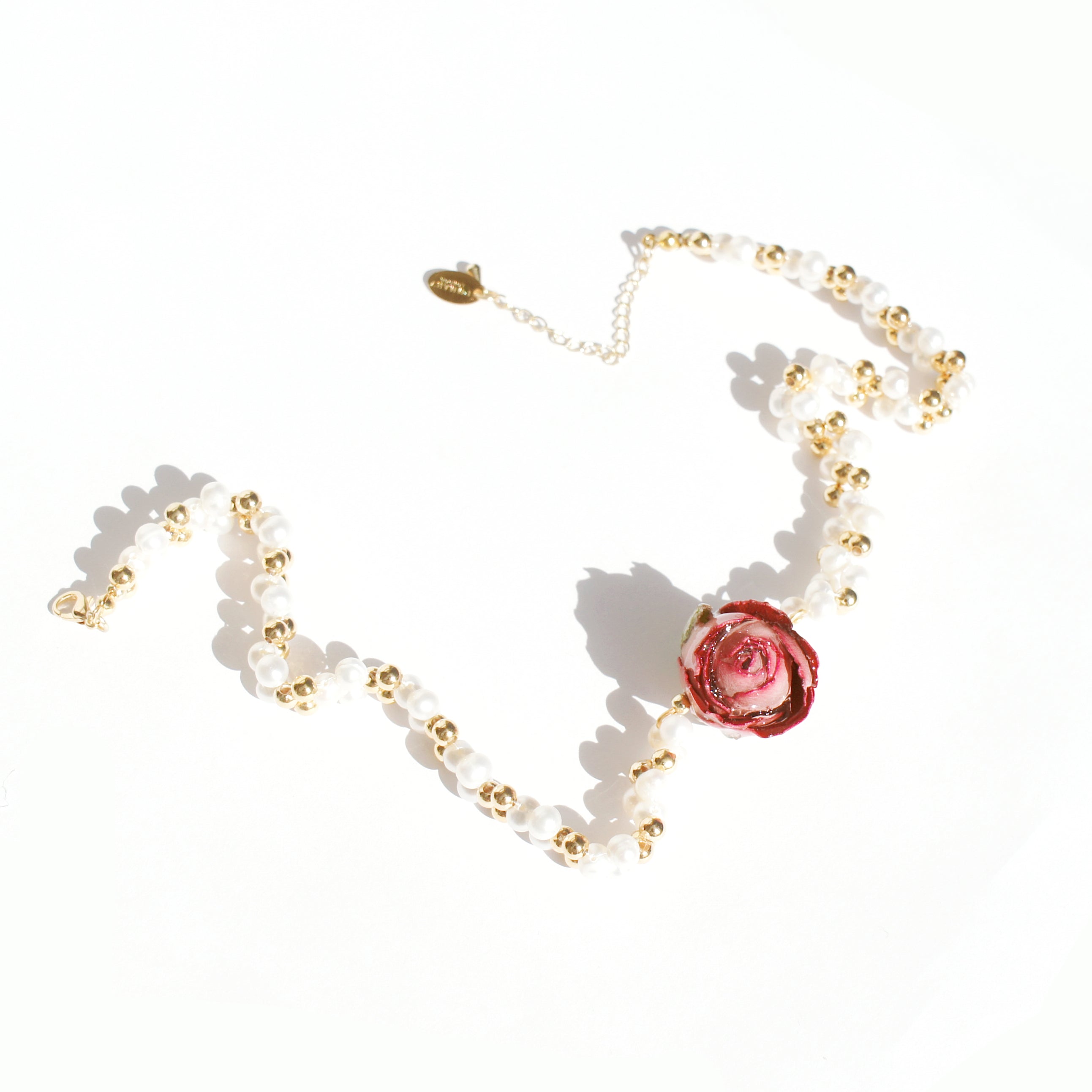 REAL FLOWER Bella Rosa Braided Freshwater Pearl Choker Necklace w Pink Rose
