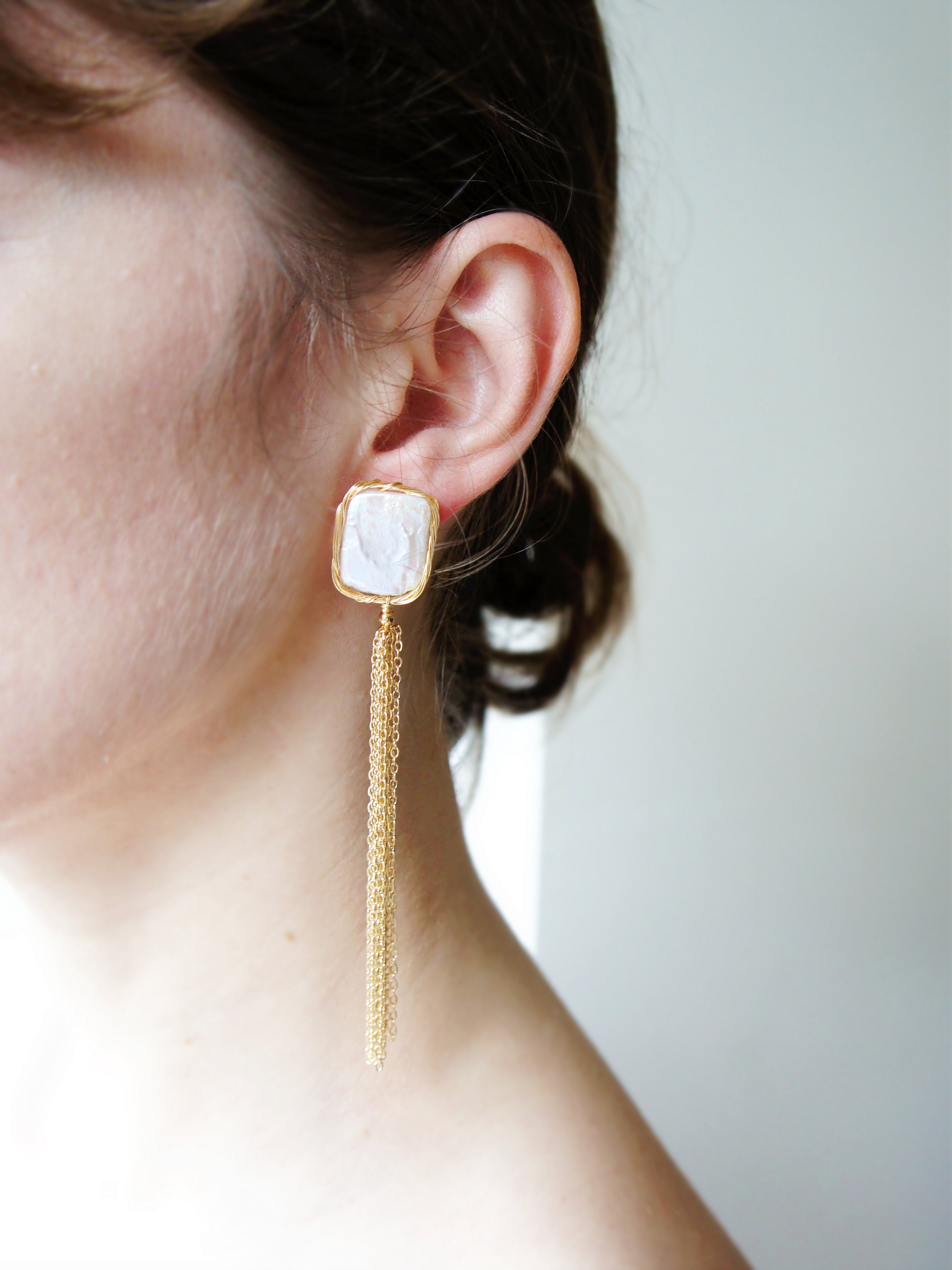 Golden Hour Rectangular Baroque Pearl Chain Tassel Drop Earrings