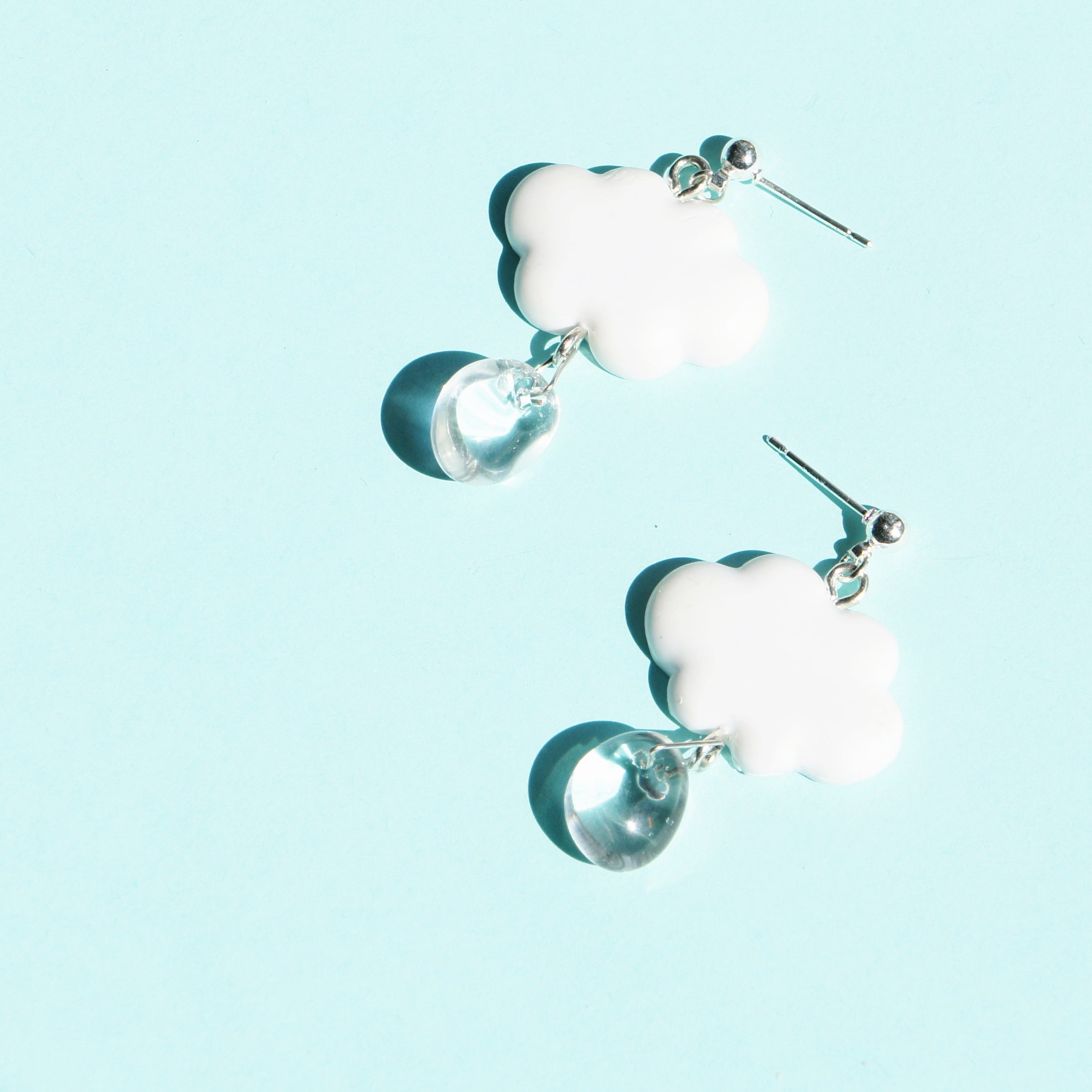Cotton Candy Cloud Earrings w-Clear Quartz Rain Drop