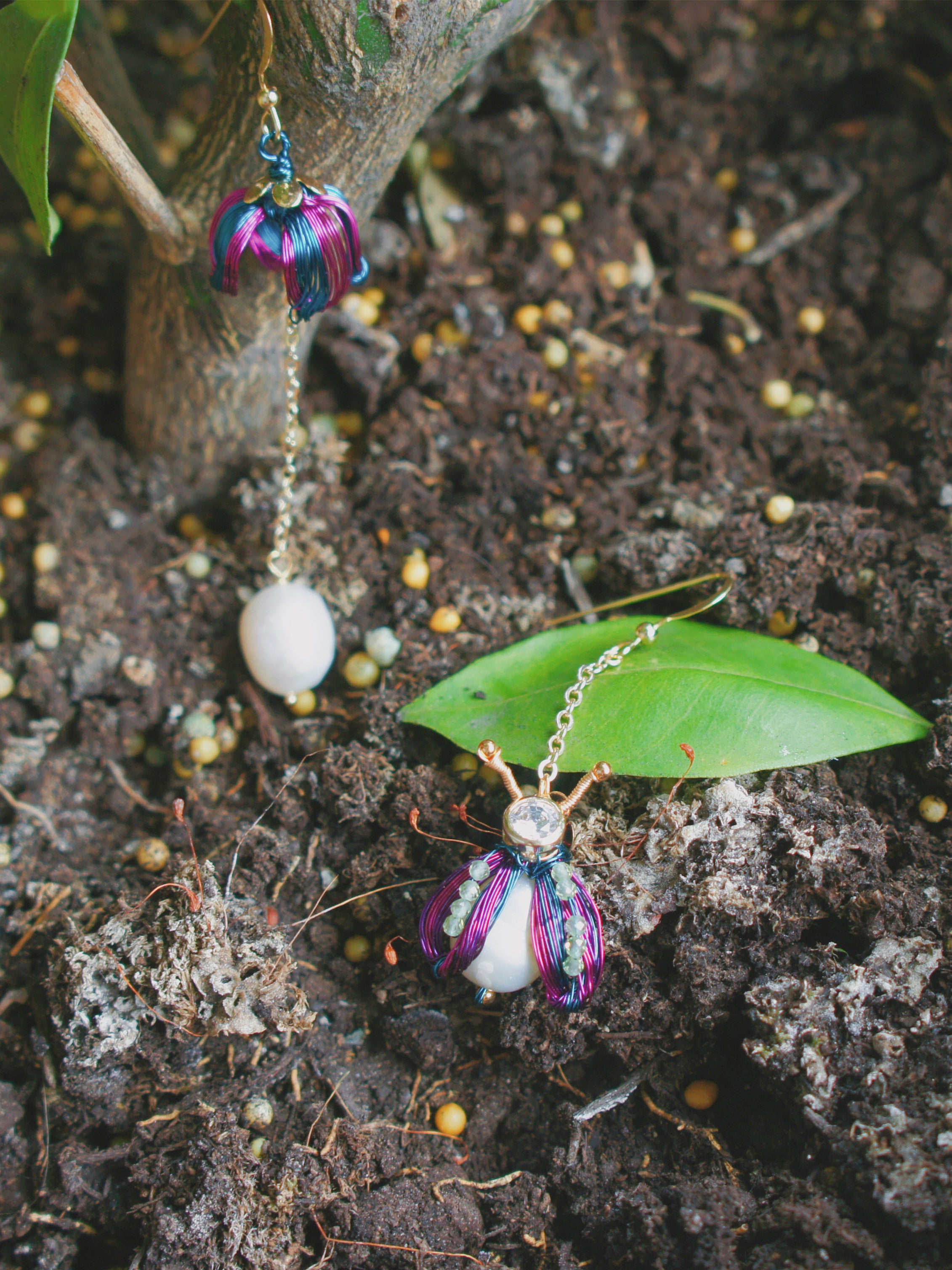 Freshwater Pearl Bug Asymmetrical Drop Earrings