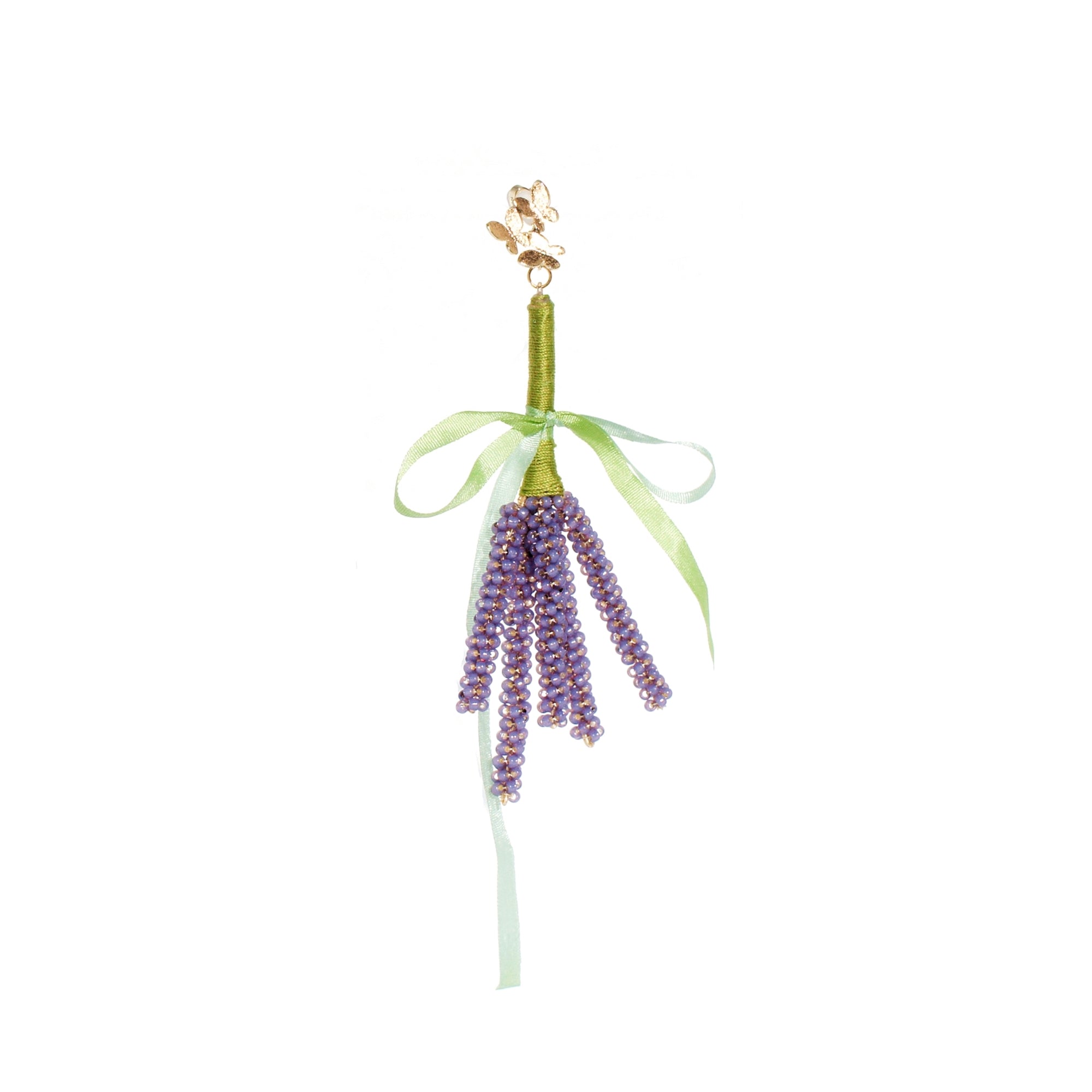 Beaded Lavender Single Earring with Silk Ribbon