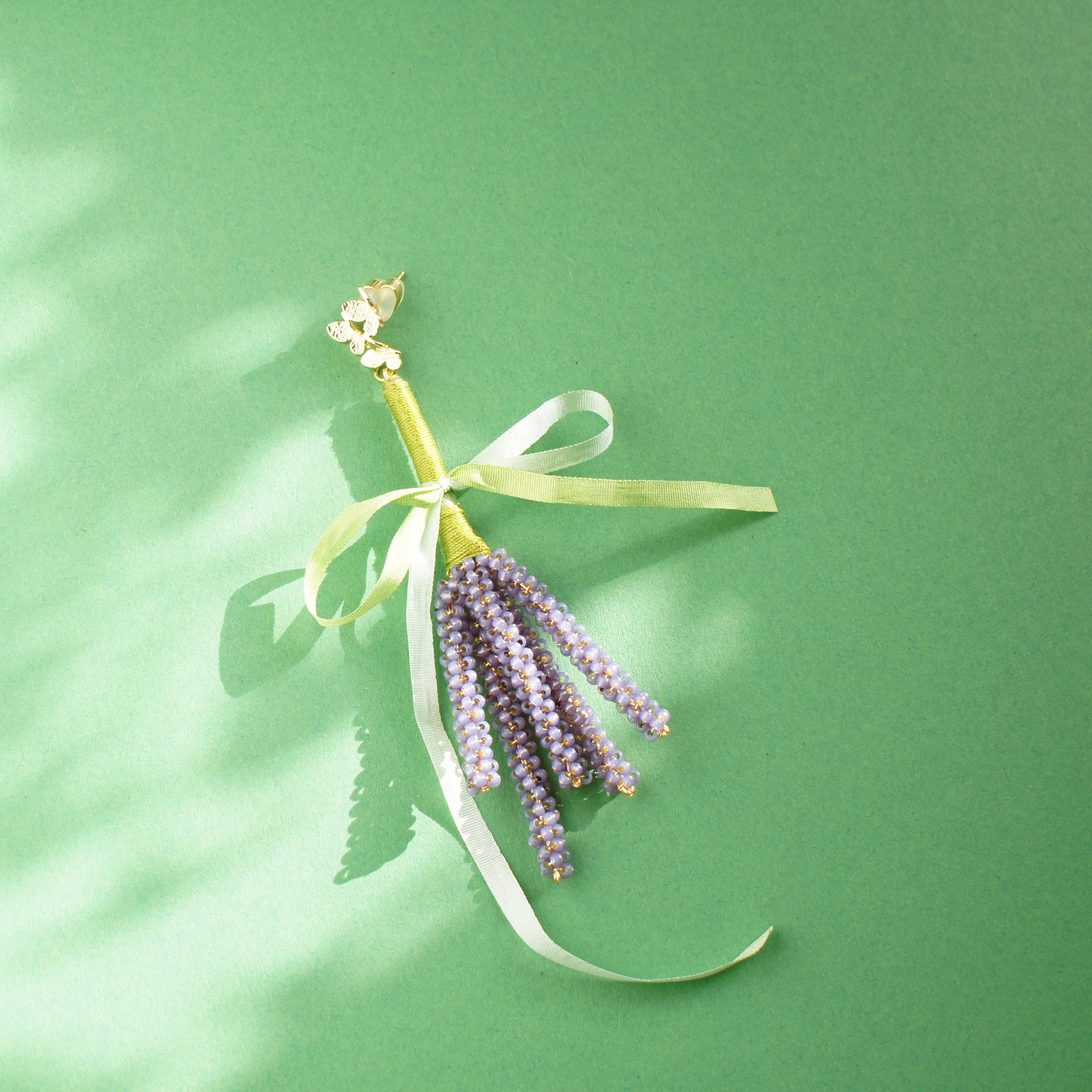 Beaded Lavender Single Earring with Silk Ribbon