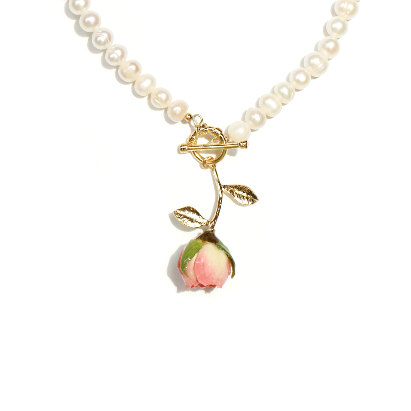 *REAL FLOWER* Bella Rosa Rosebud and Freshwater Pearl Necklace
