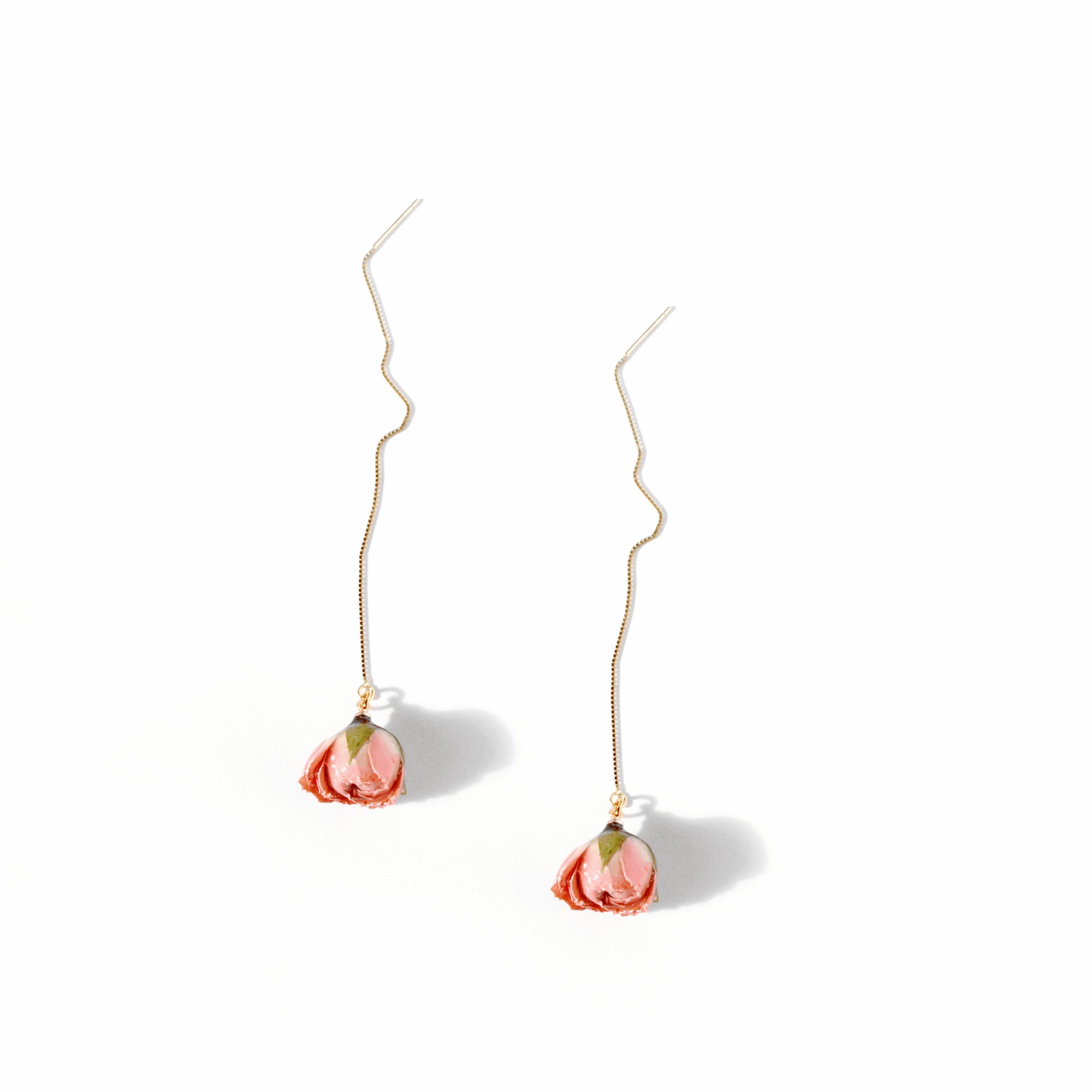*REAL FLOWER* Bella Rosa Pink Rosebud 18k Gold Vermeil Threader Earrings
