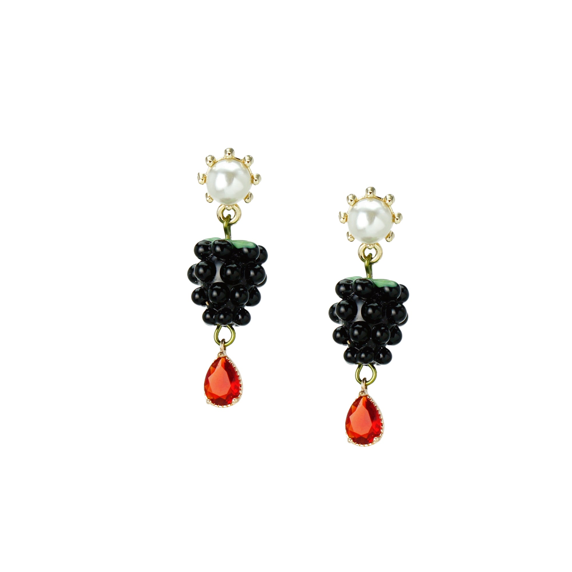 Very Berry Lampwork Glass Blackberry Drop Earrings with Pearl Studs