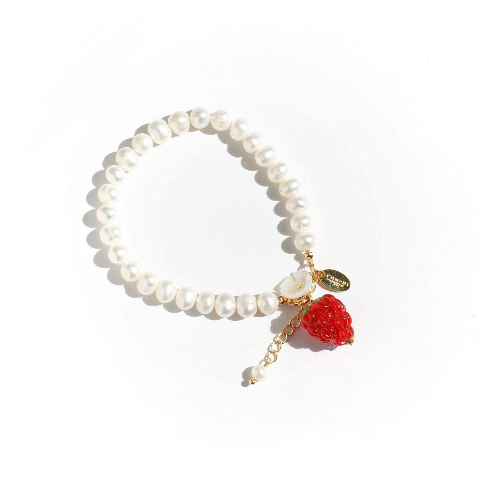 Very Berry Freshwater Pearl Bracelet with Lampwork Glass Raspberry and Mother of Pearl Flower Charm