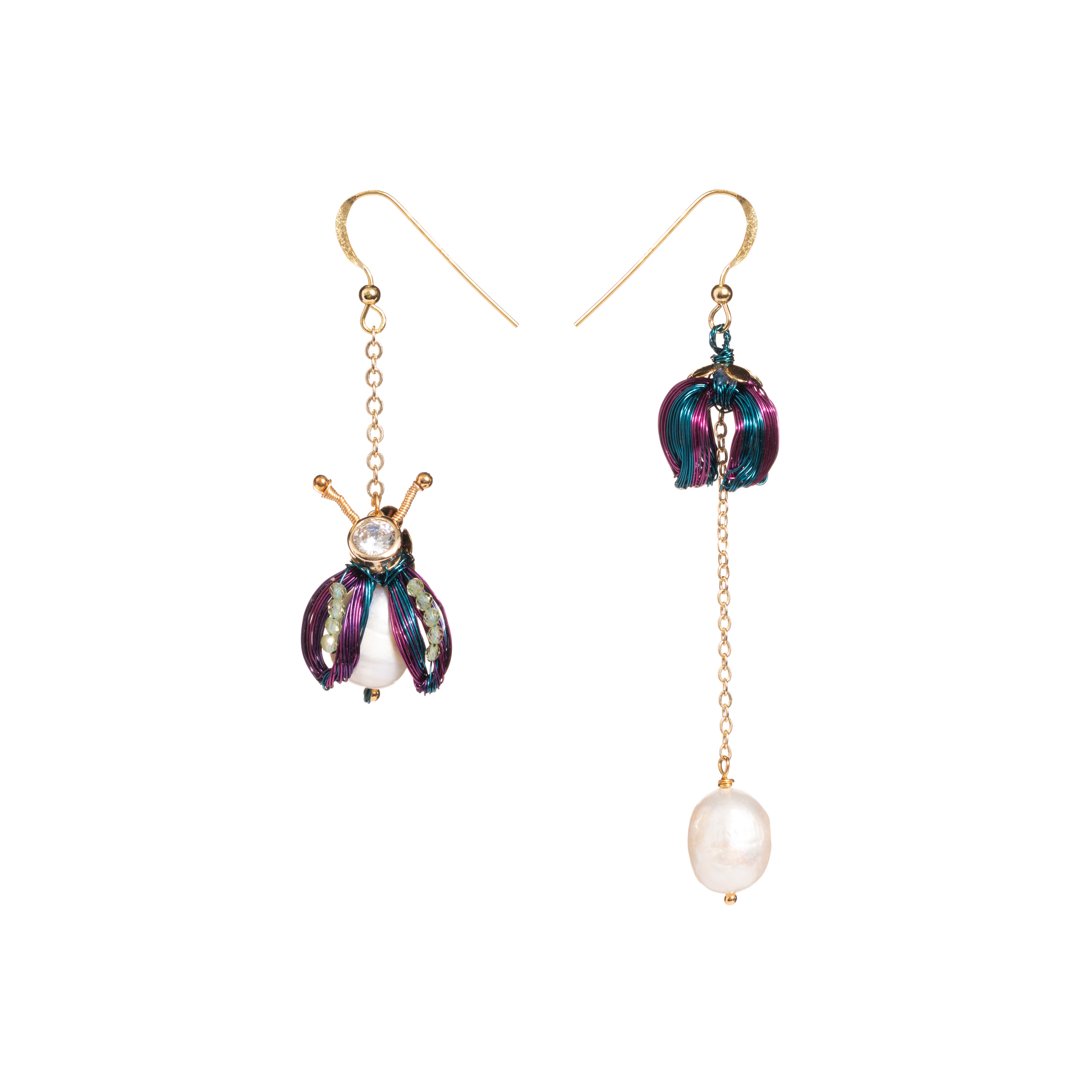 Freshwater Pearl Bug Asymmetrical Drop Earrings