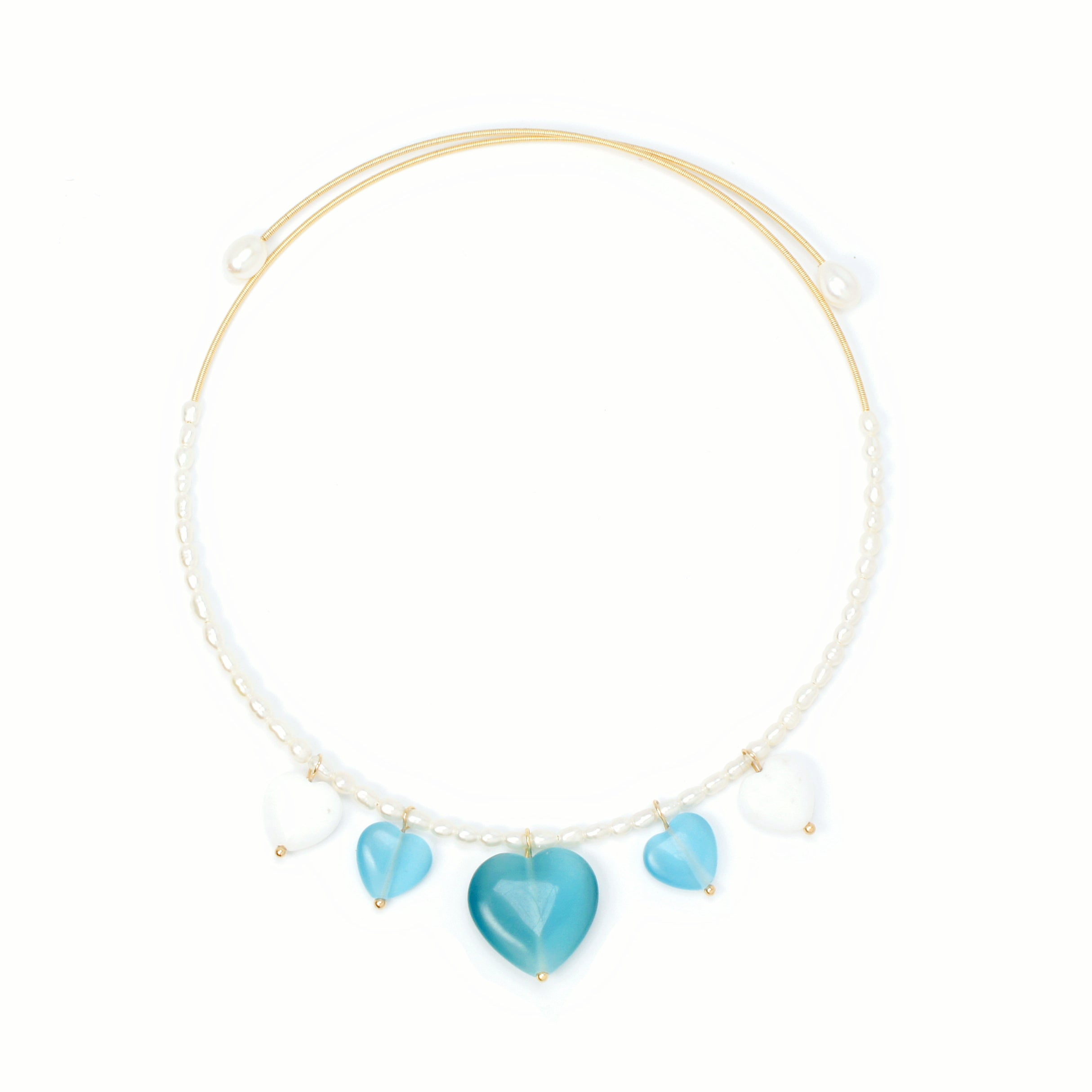 Serenity Freshwater Pearl Open Choker Necklace with Heart Charms