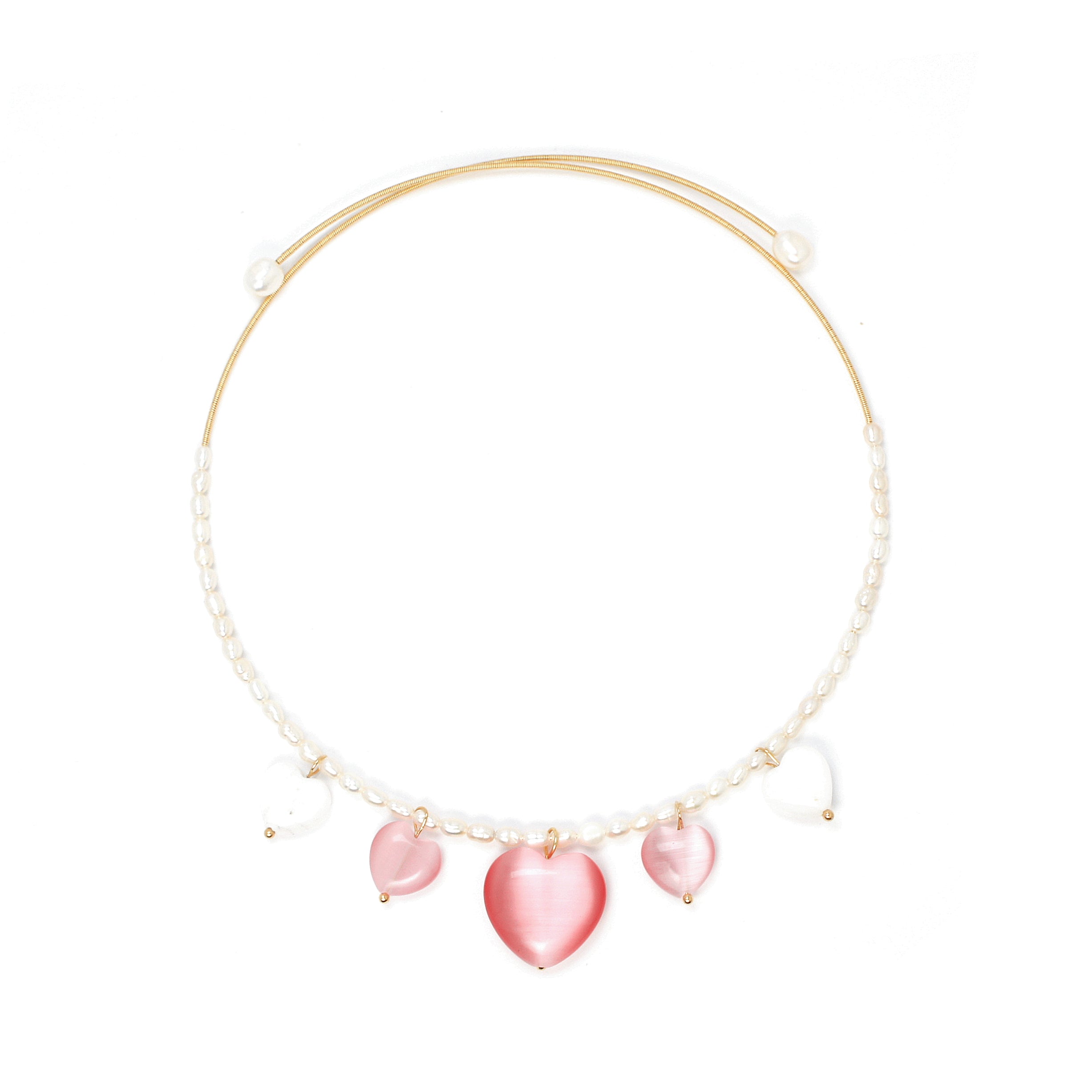 Serenity Freshwater Pearl Open Choker Necklace with Heart Charms