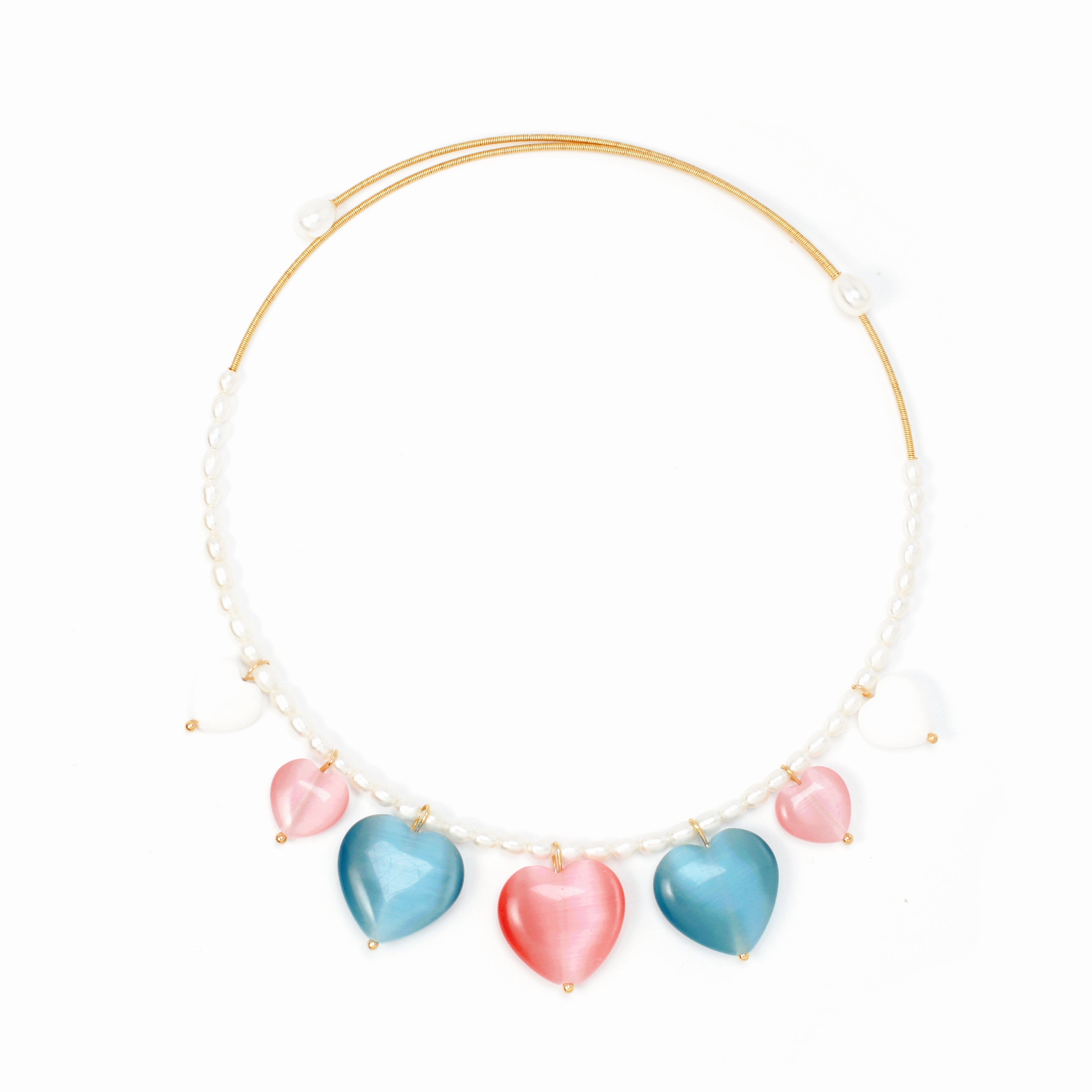 Serenity Freshwater Pearl Open Choker Necklace with Heart Charms