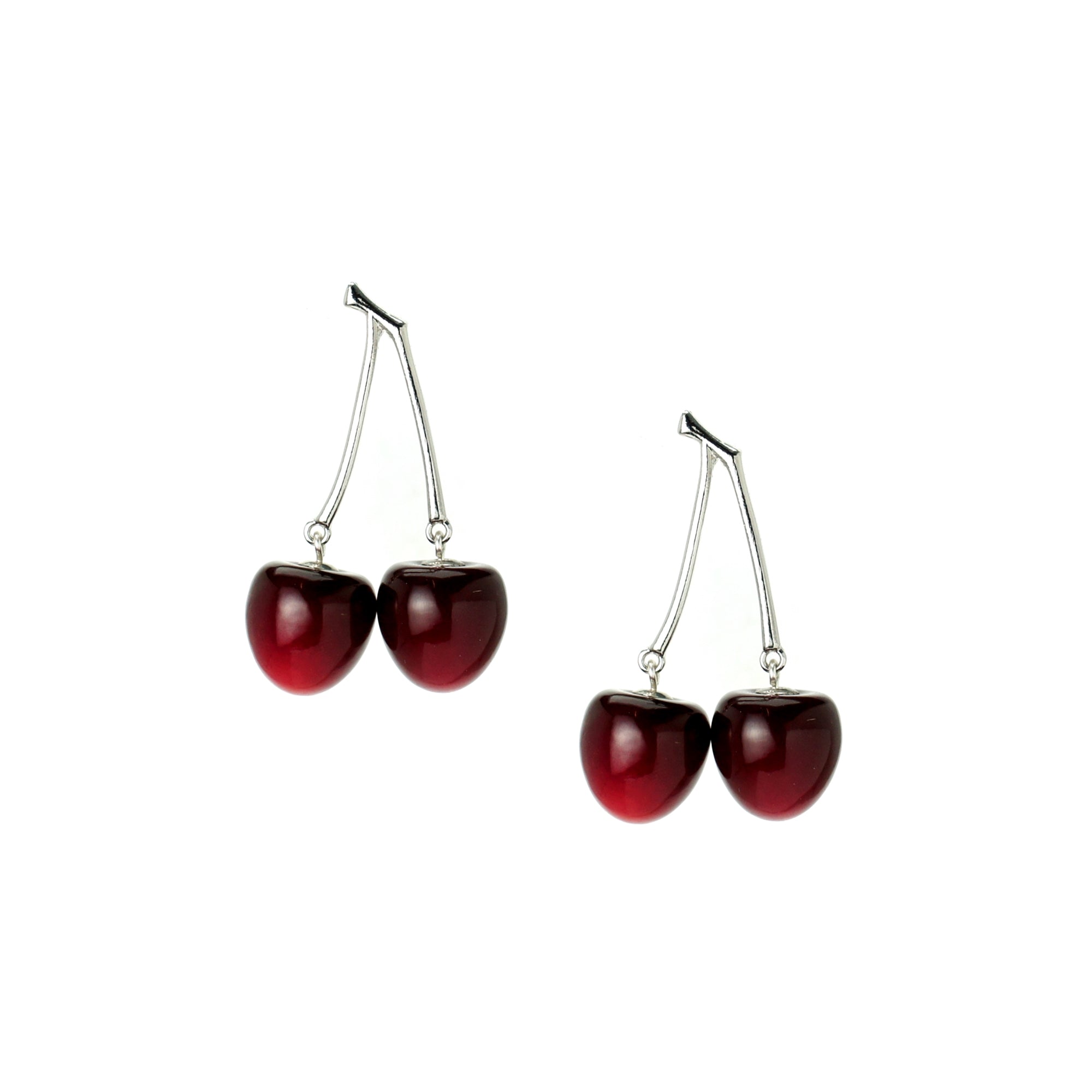 Double Cherry Silver Stem Earrings
