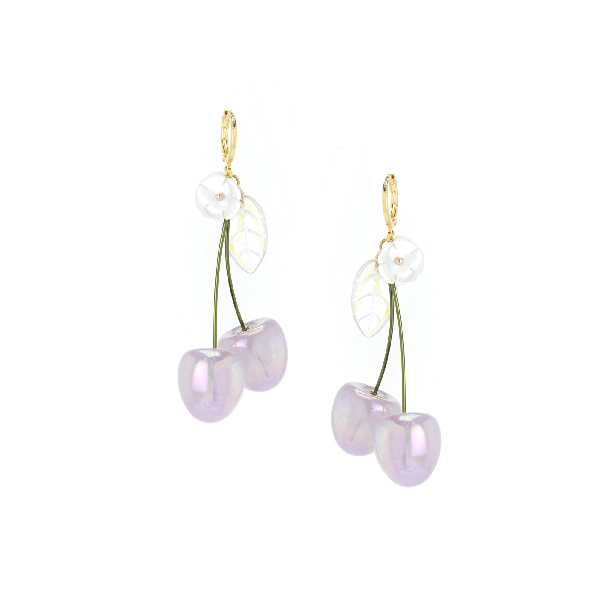 Double Cherry Drop Earrings with Mother of Pearl Flower and Glass Leaf