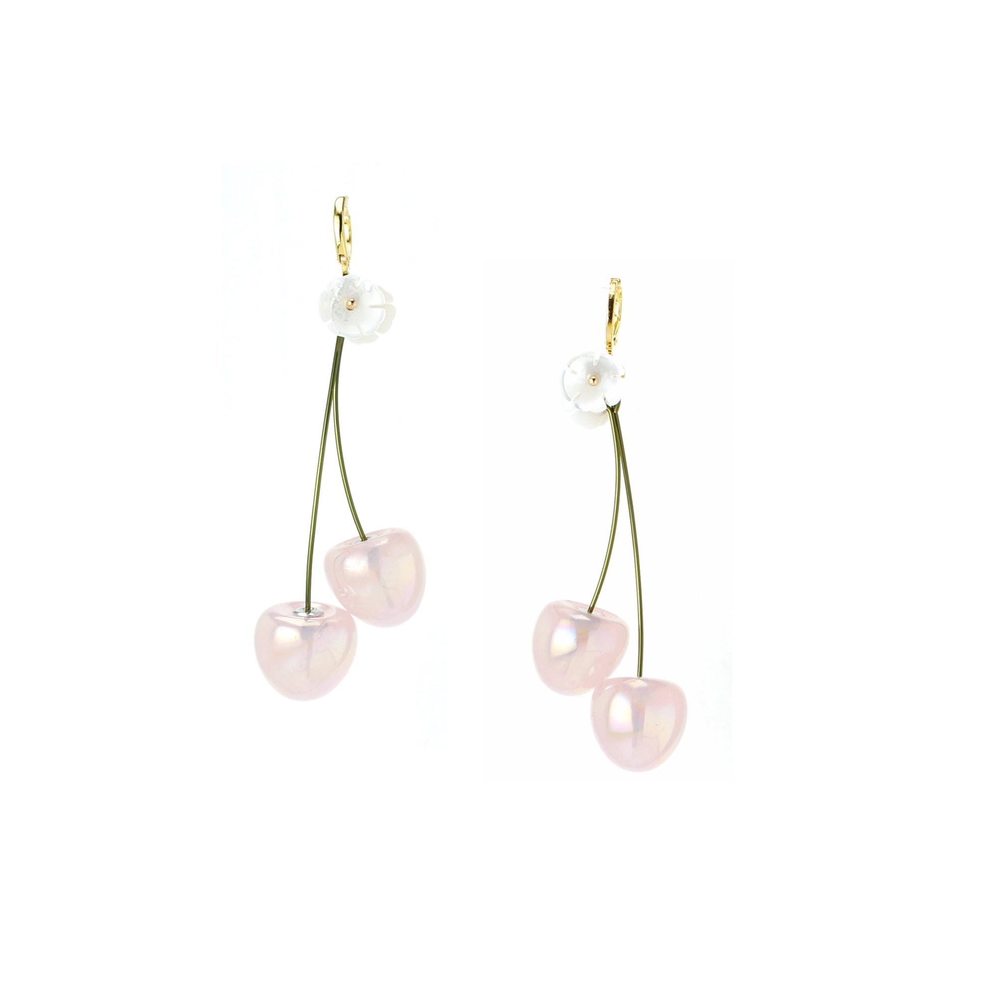 Double Cherry Drop Earrings with Mother of Pearl Flower and Glass Leaf