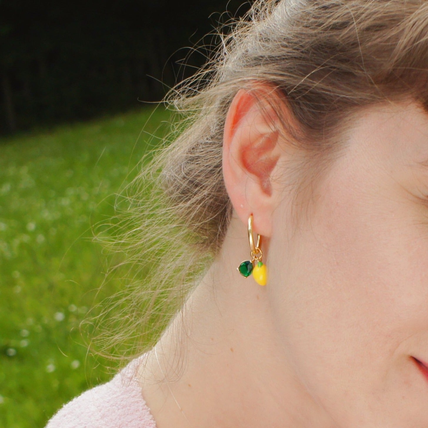 Fruity Enamel and Crystal Drop Hoop Earrings, Lemon/Strawberry