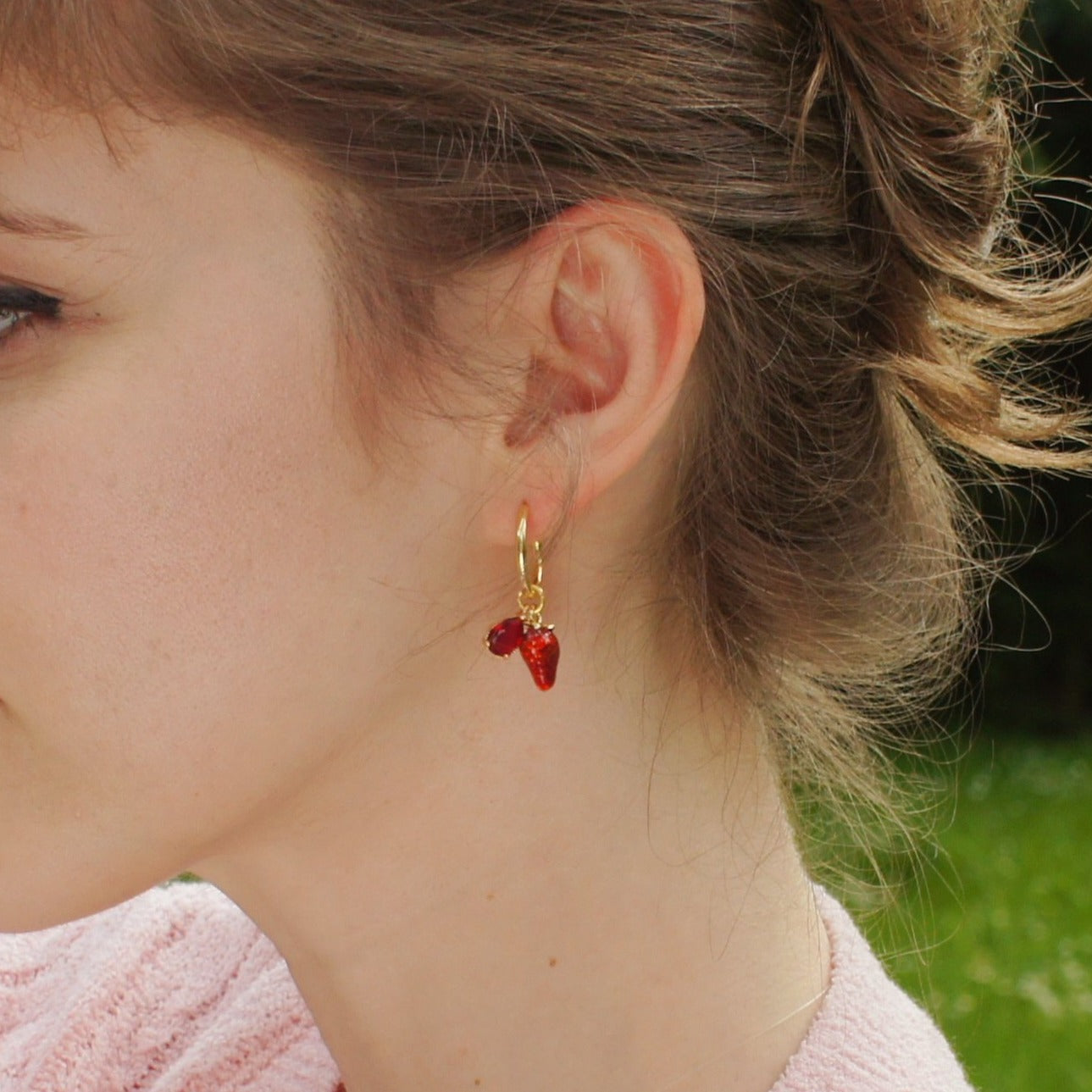 Fruity Enamel and Crystal Drop Hoop Earrings, Lemon/Strawberry