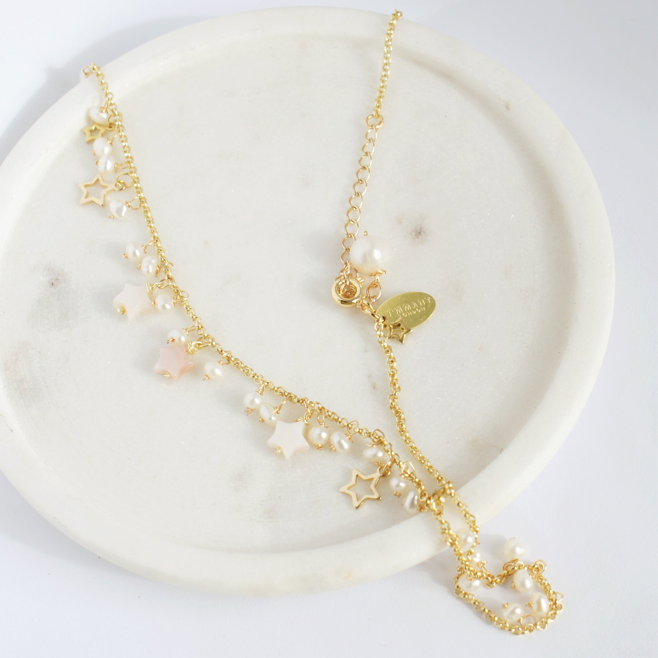 Starlight Chain Choker Necklace with Freshwater Pearl and Mother of Pearl Stars