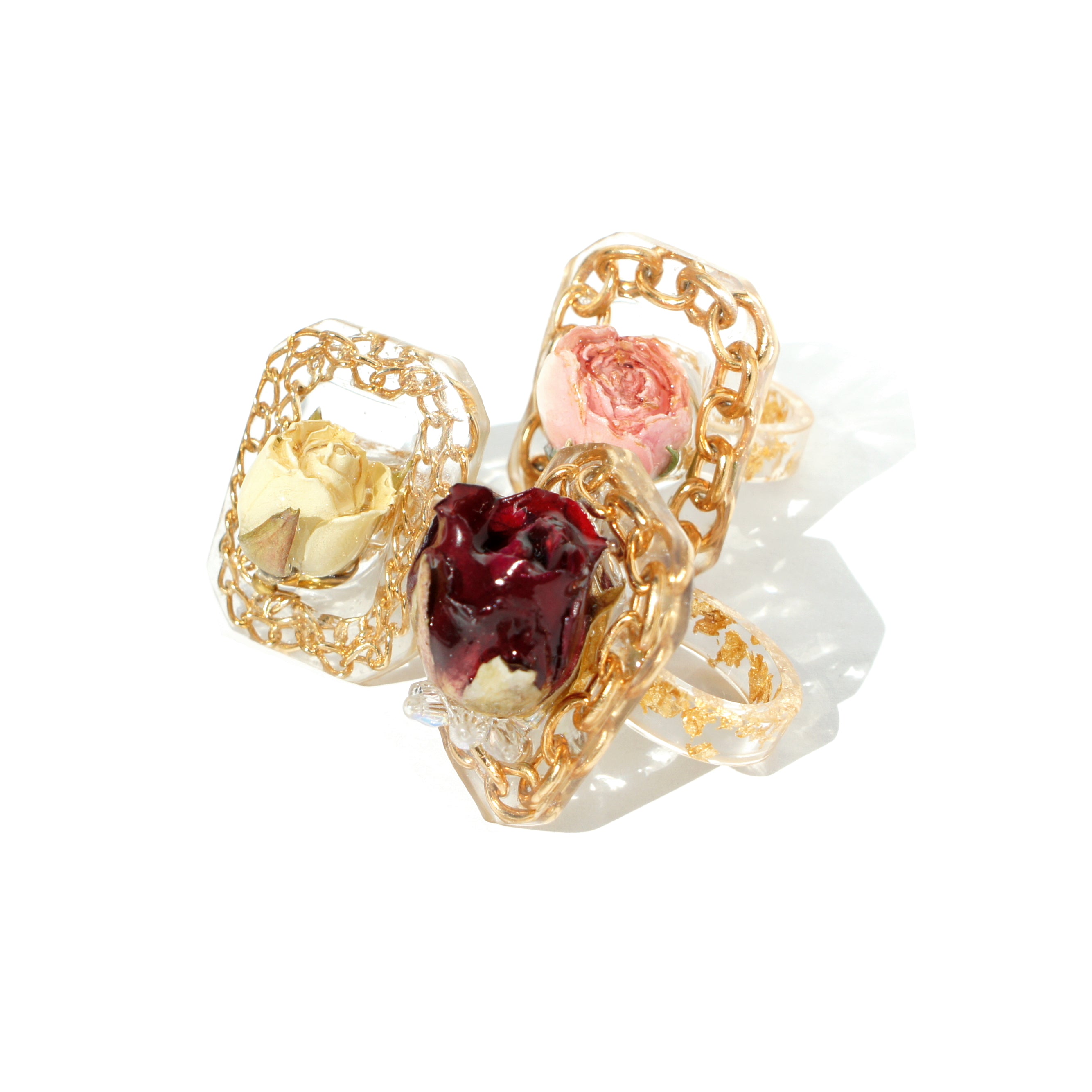 *REAL FLOWER* Queen Anne Rosebud and Chain Frame Ring