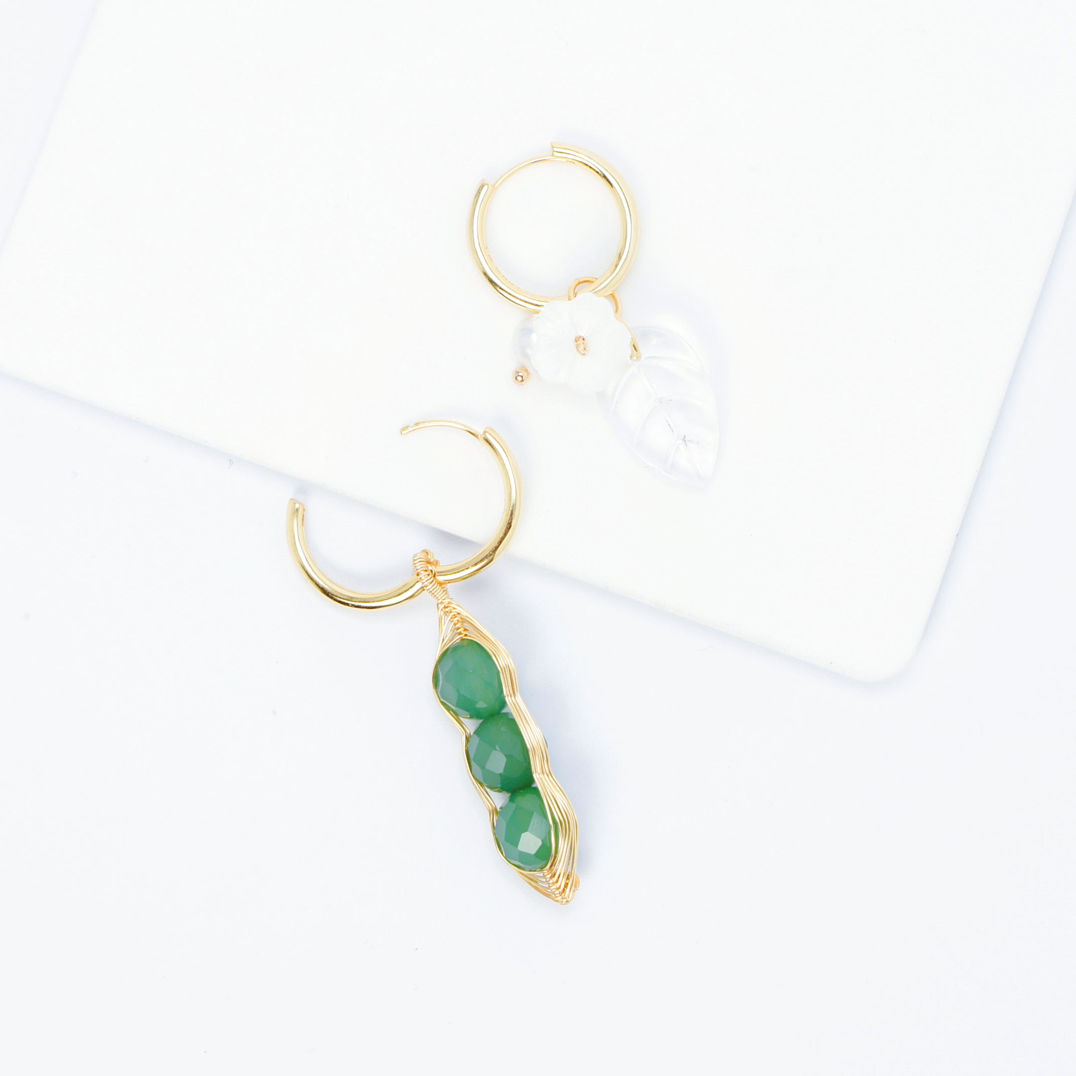 Garden Peas Asymmetrical Hoop and Charm Earrings